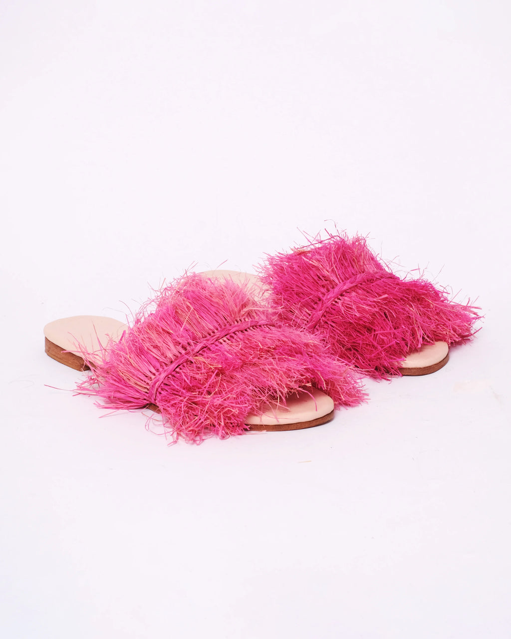 Women's Raffia Double-Fringe Flat Slide Sandals In Fuchsia