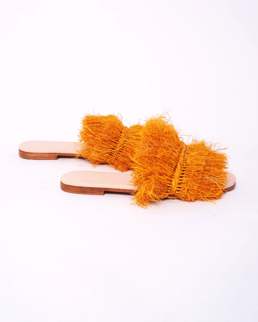 Women's Raffia Double-Fringe Flat Slide Sandals In Orange