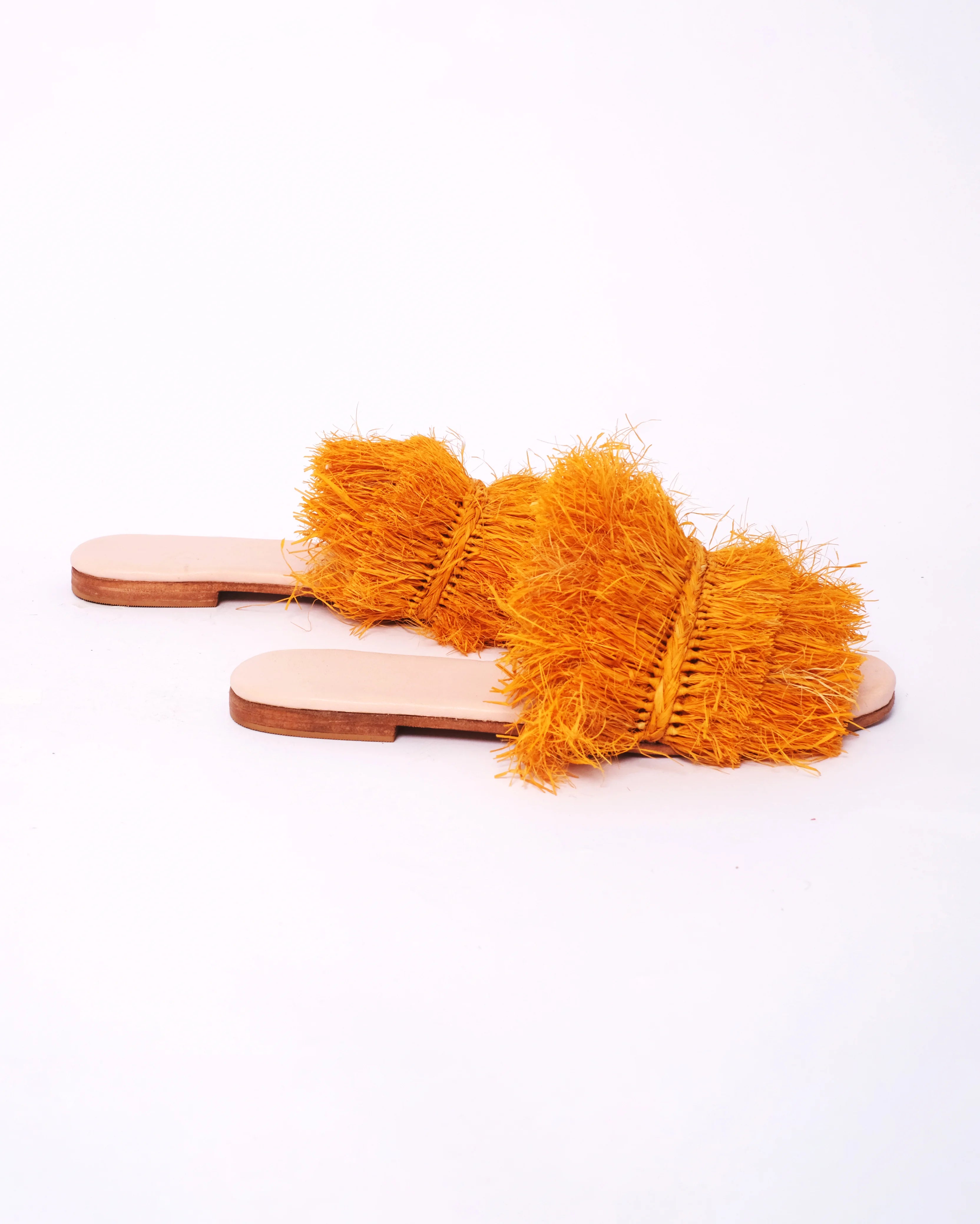 Women's Raffia Double-Fringe Flat Slide Sandals In Orange