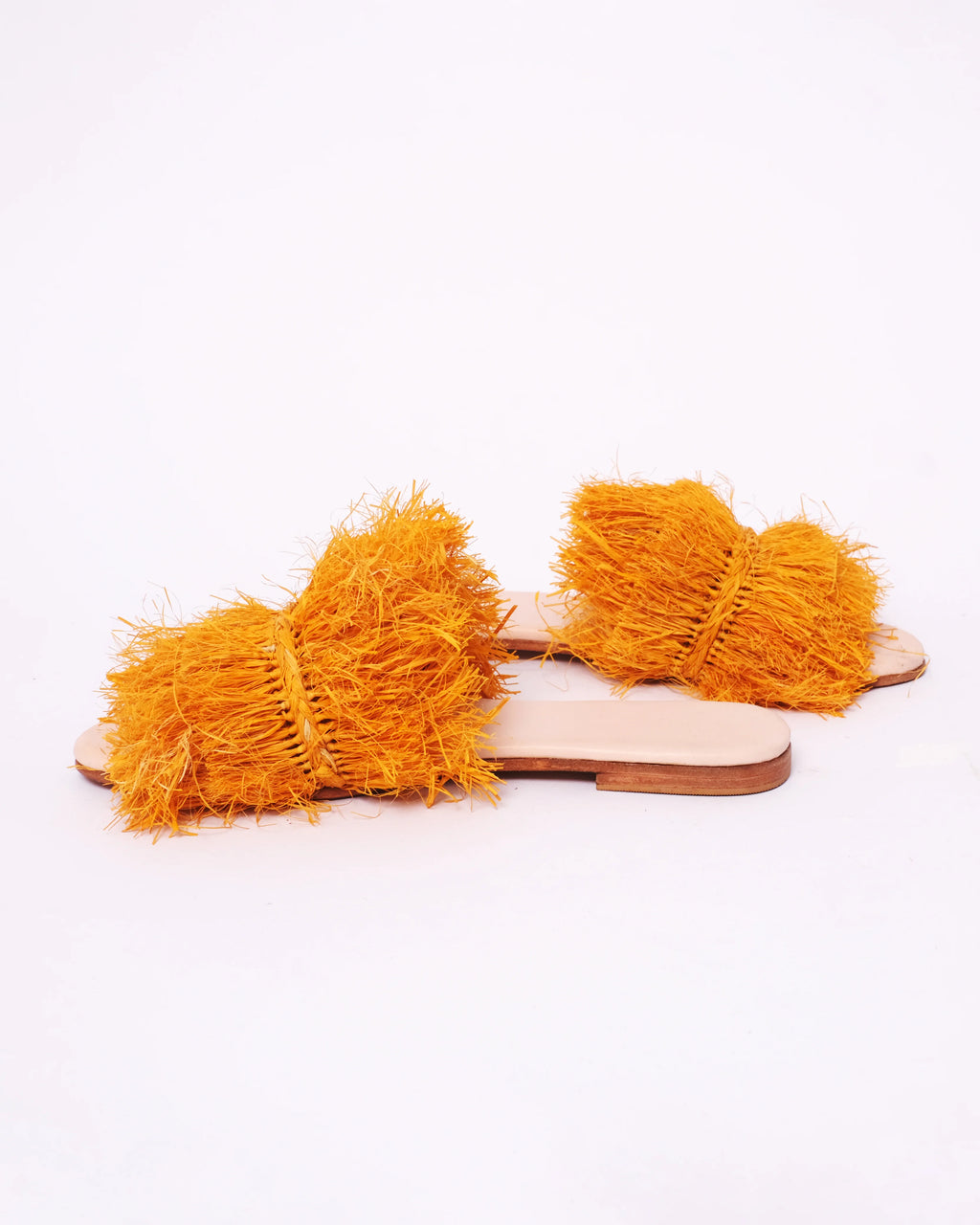 Women's Raffia Double-Fringe Flat Slide Sandals In Orange