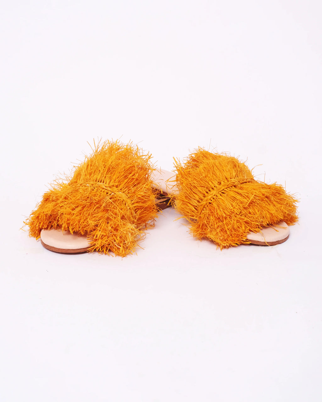 Women's Raffia Double-Fringe Flat Slide Sandals In Orange