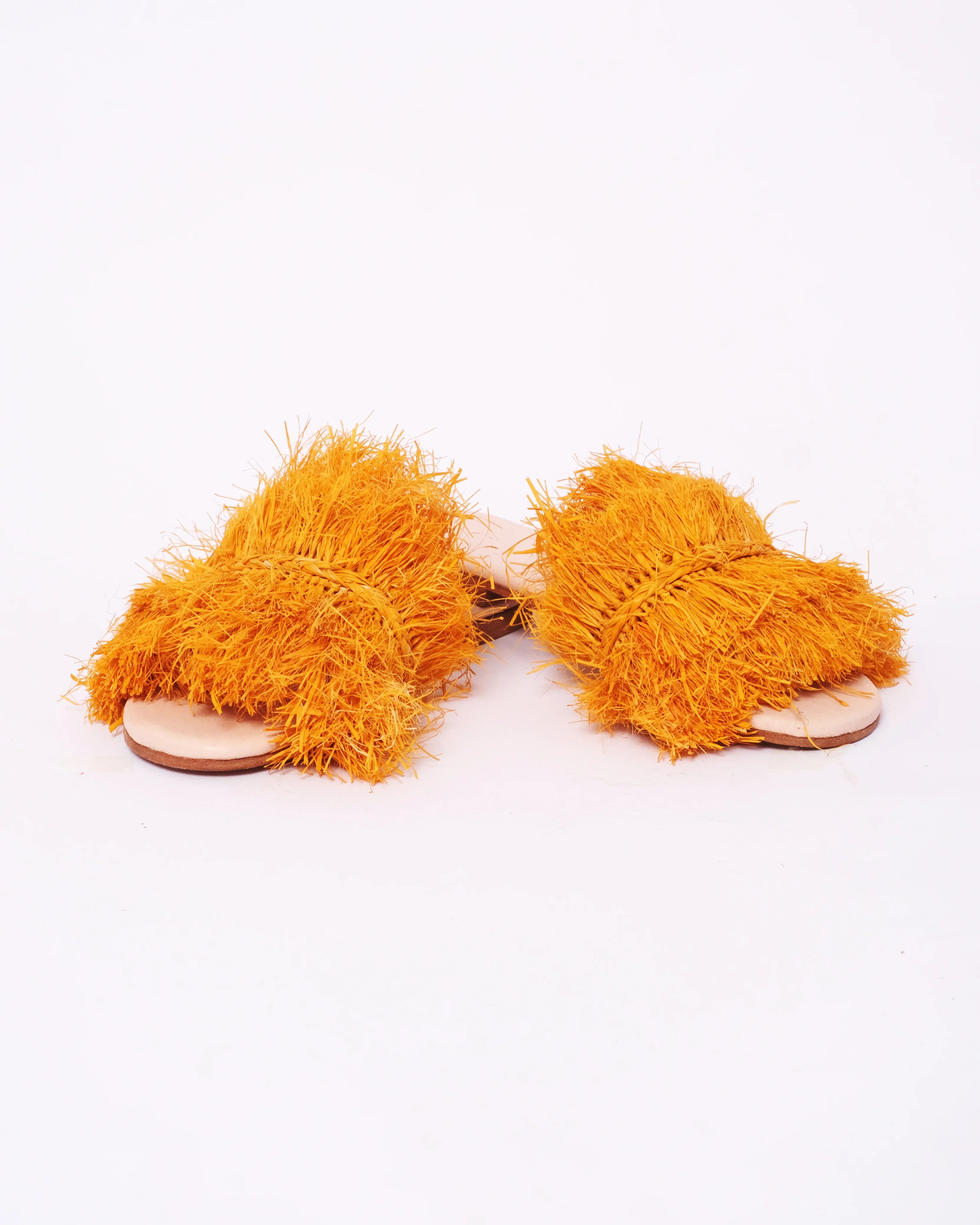 Women's Raffia Double-Fringe Flat Slide Sandals In Orange