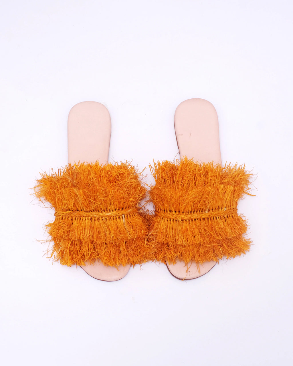 Women's Raffia Double-Fringe Flat Slide Sandals In Orange