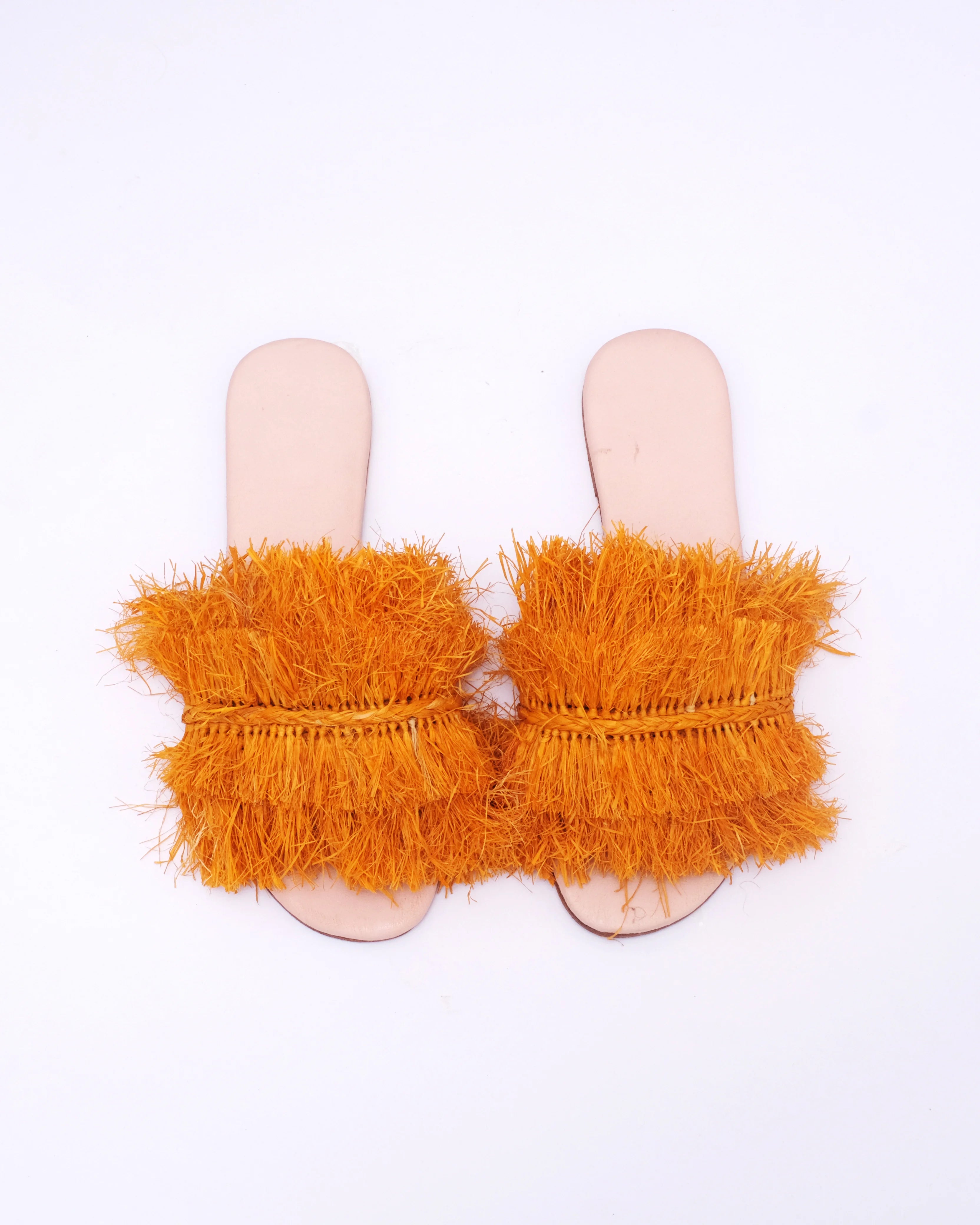 Women's Raffia Double-Fringe Flat Slide Sandals In Orange