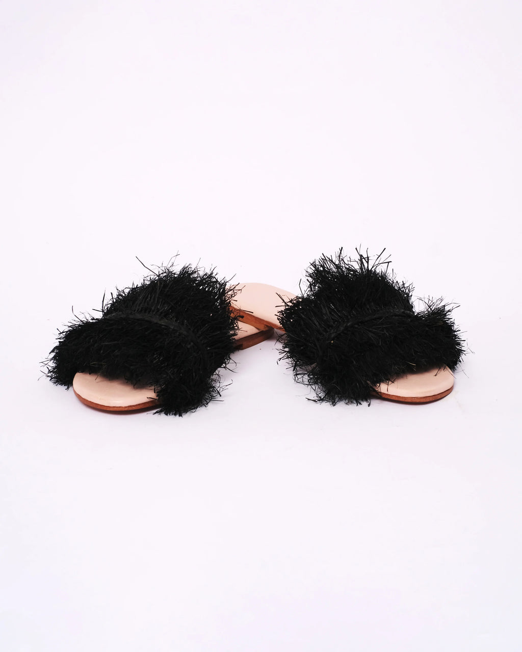 Women's Raffia Fringed Flat Slide Sandals In Black