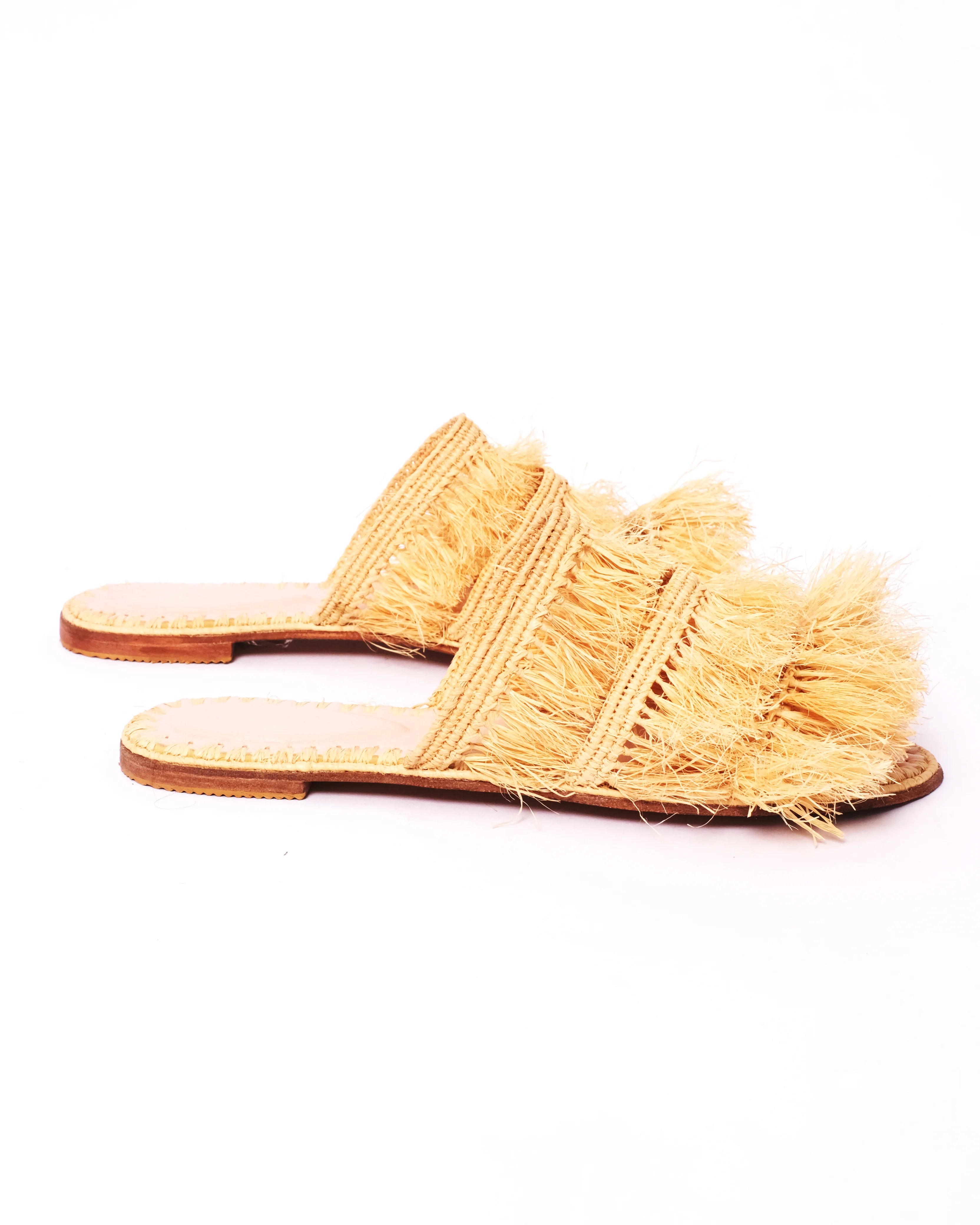Women's Raffia Fringed Flat Slide Sandals In Natural
