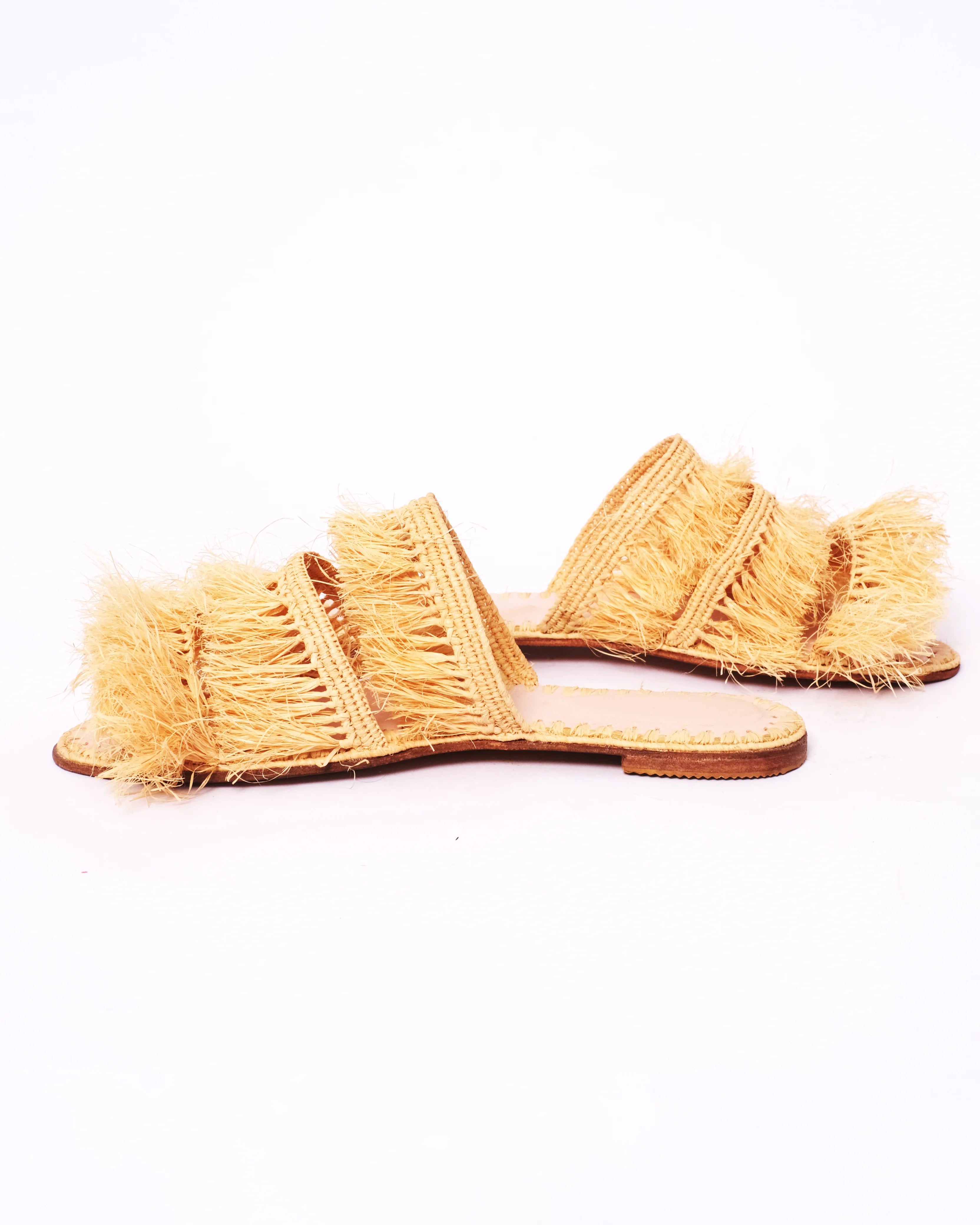 Women's Raffia Fringed Flat Slide Sandals In Natural