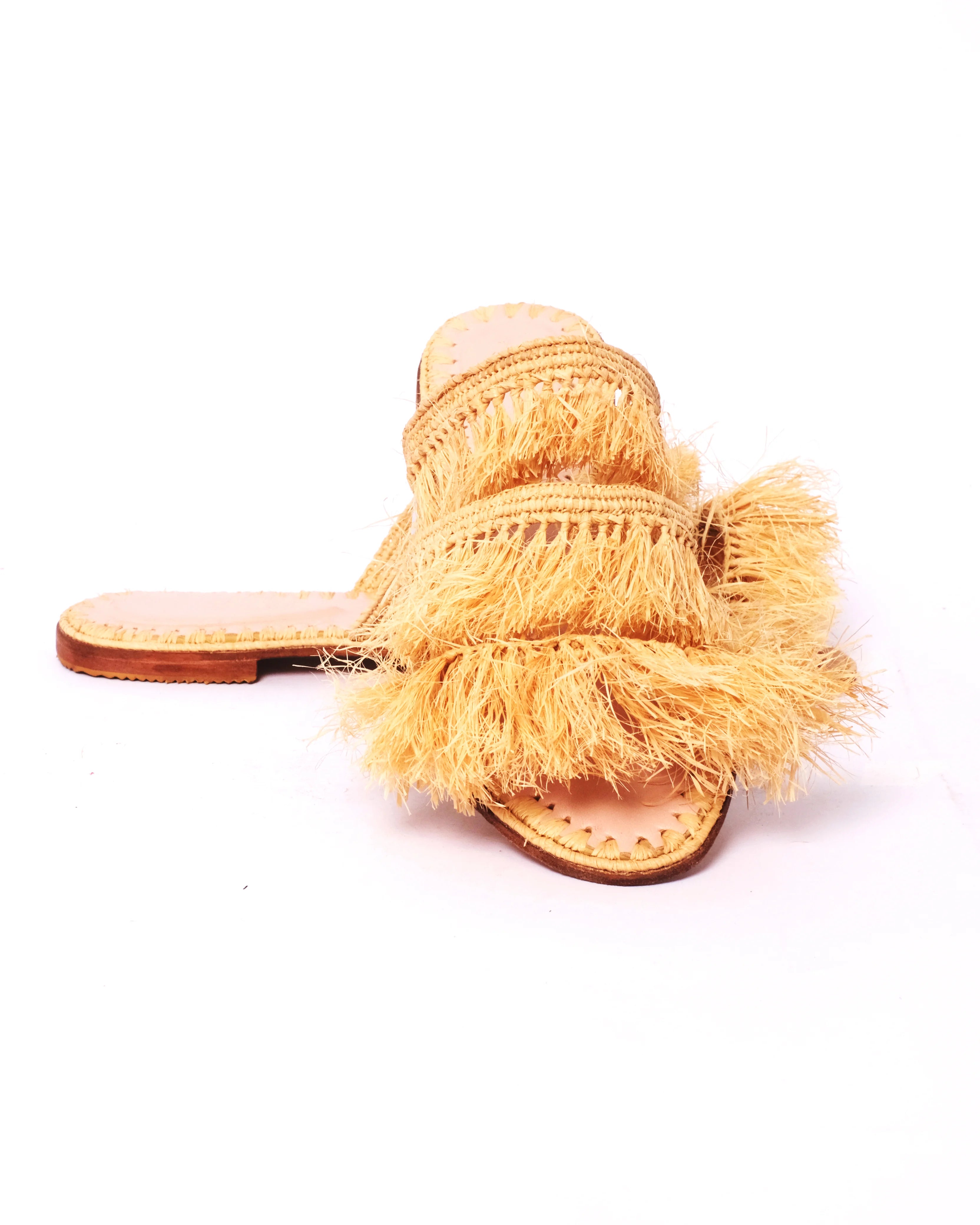 Women's Raffia Fringed Flat Slide Sandals In Natural