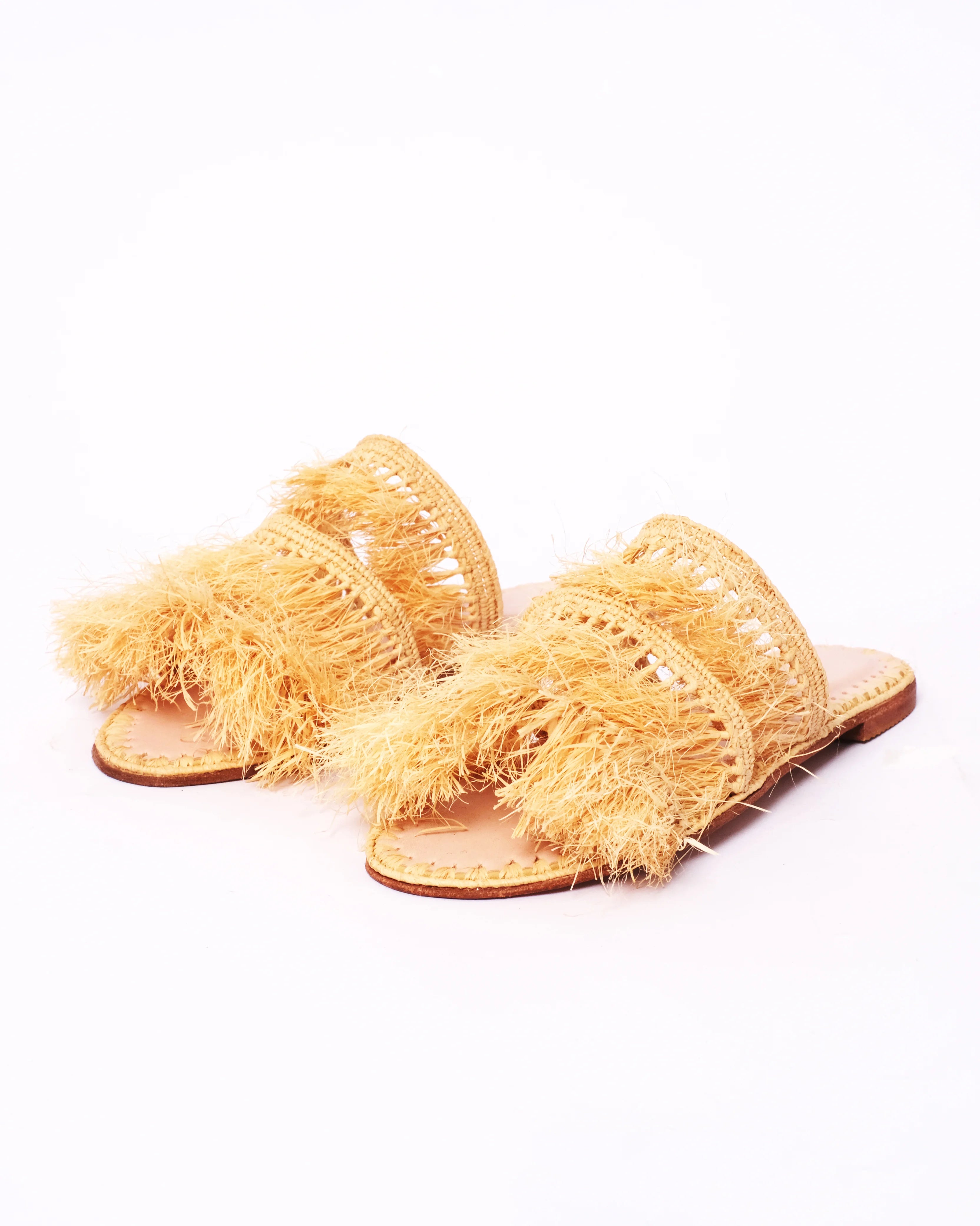 Women's Raffia Fringed Flat Slide Sandals In Natural