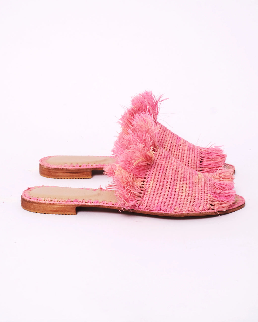 Women's Raffia Fringed Flat Slide Sandals In Pink