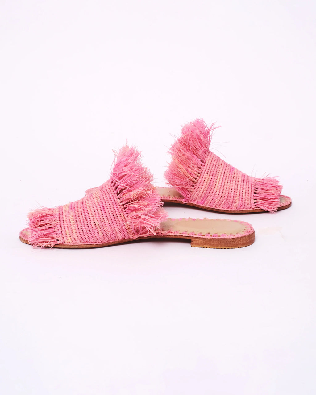 Women's Raffia Fringed Flat Slide Sandals In Pink