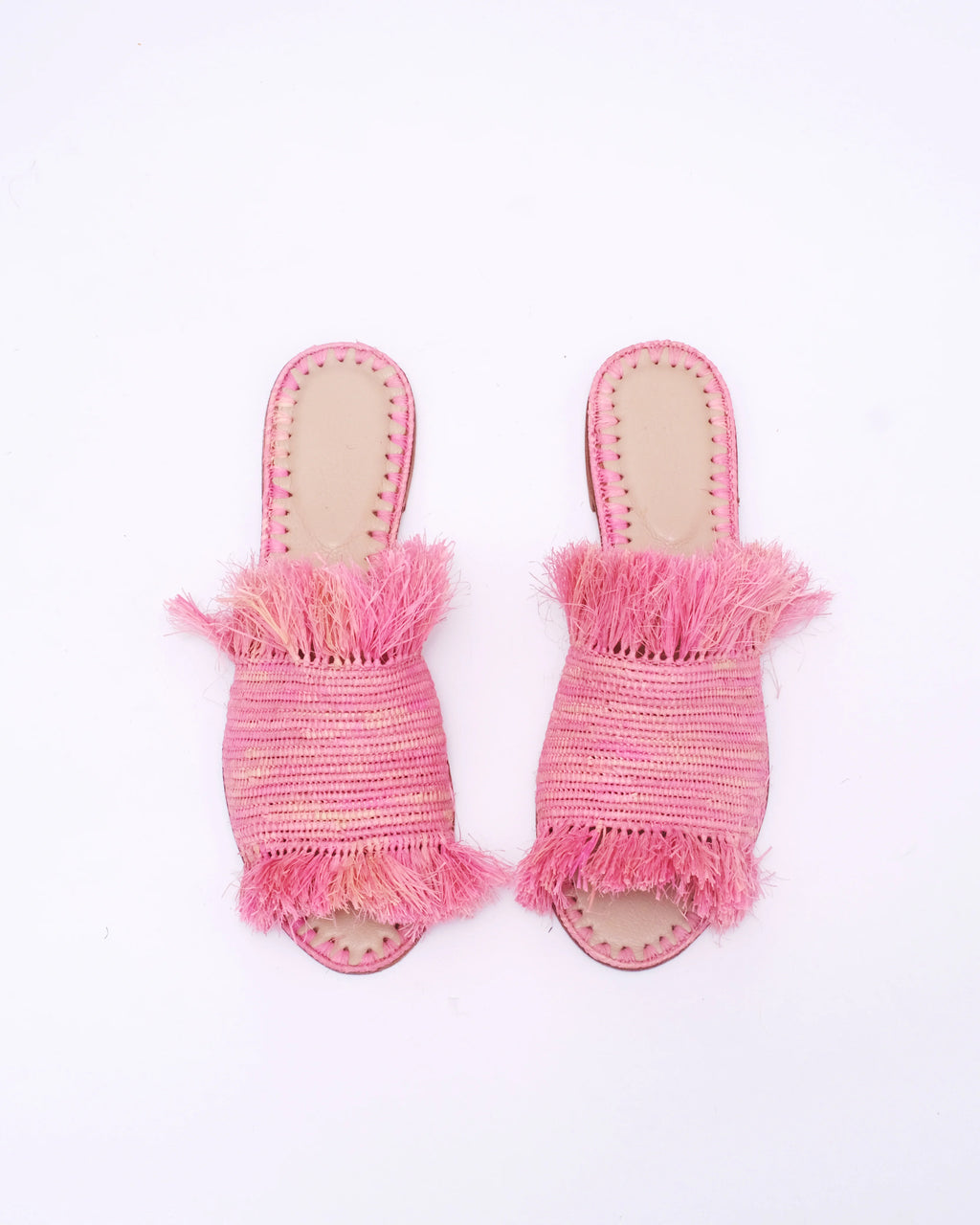 Women's Raffia Fringed Flat Slide Sandals In Pink