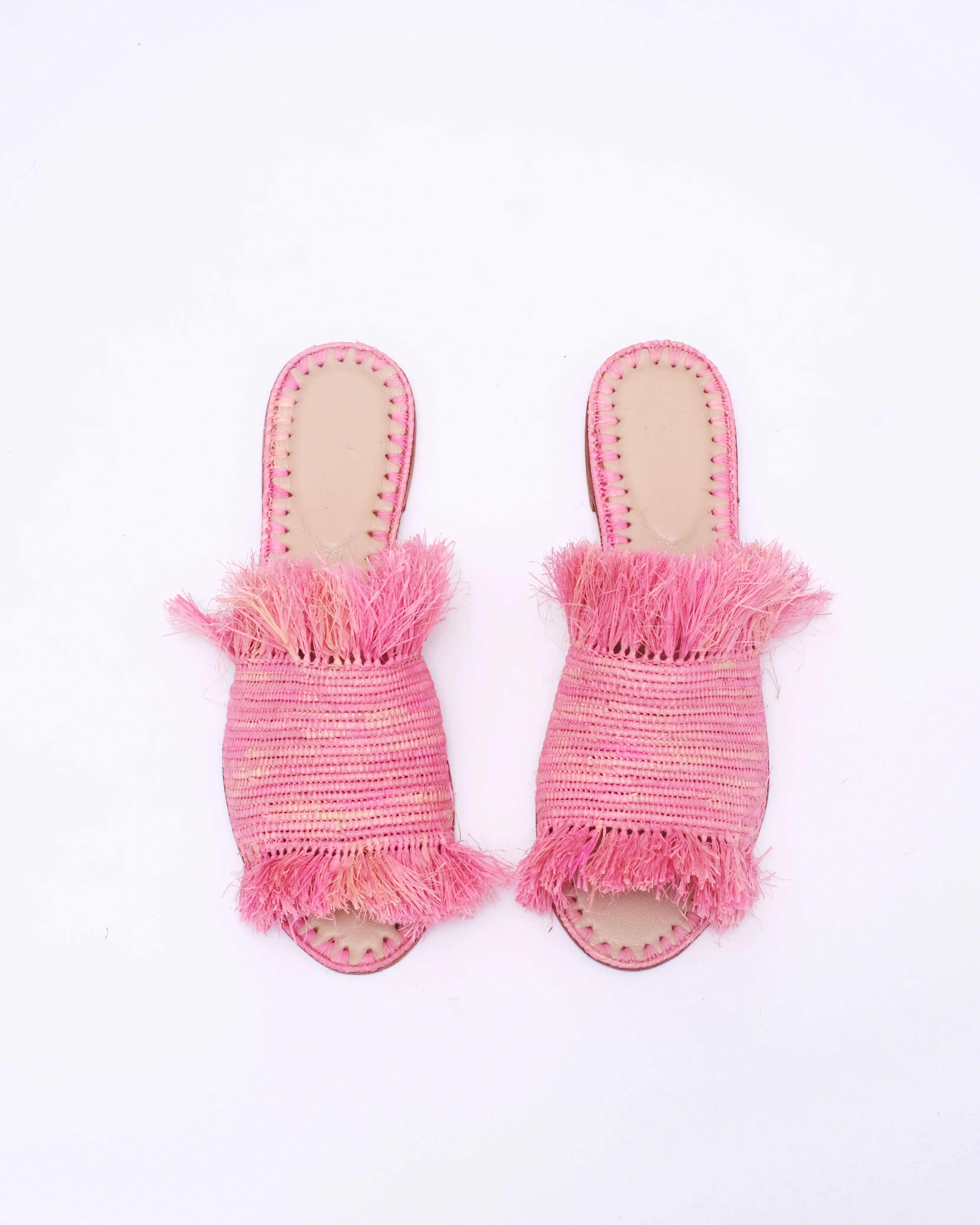 Women's Raffia Fringed Flat Slide Sandals In Pink
