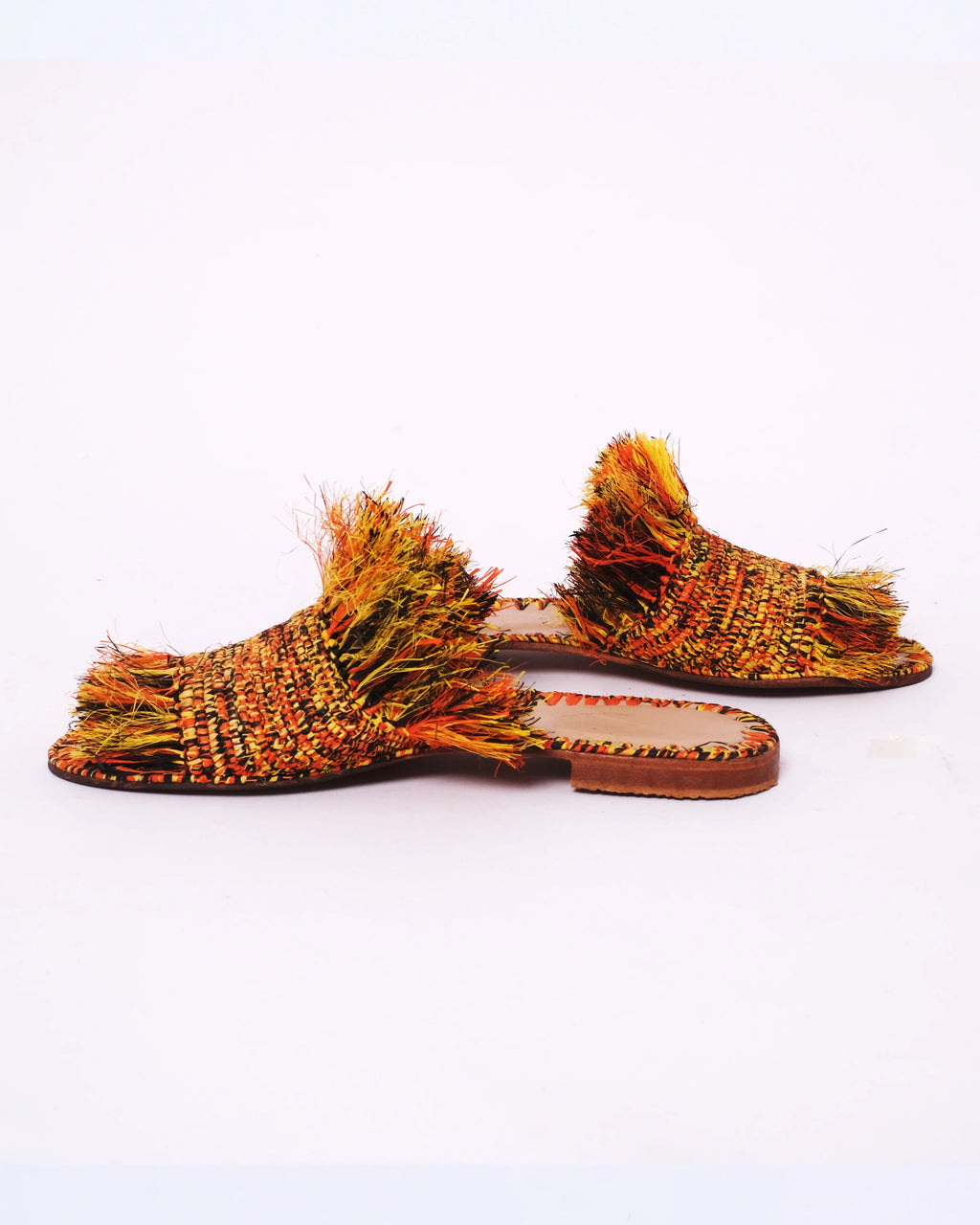 Women's Raffia Fringed Flat Slide Sandals – Multicolor