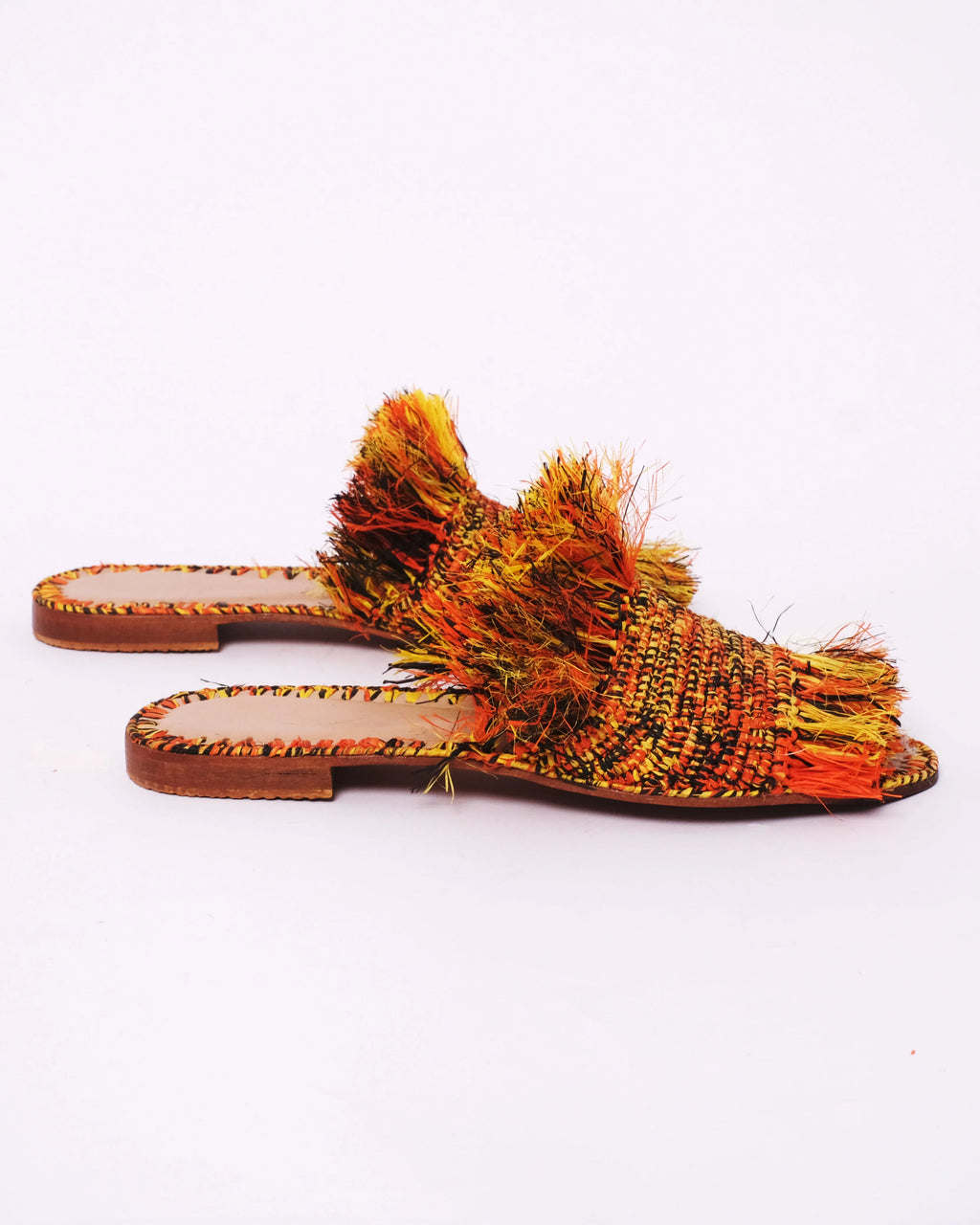 Women's Raffia Fringed Flat Slide Sandals – Multicolor