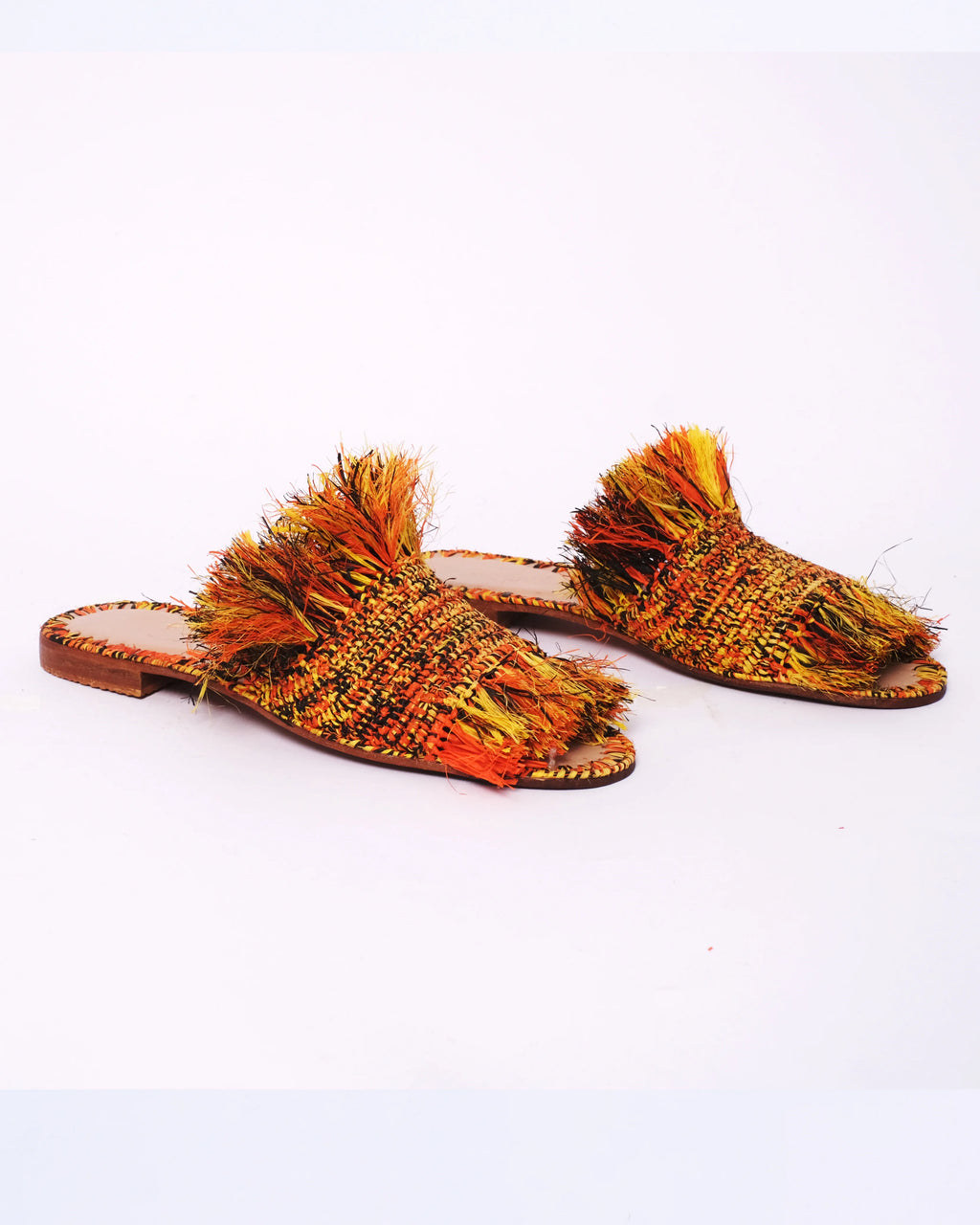 Women's Raffia Fringed Flat Slide Sandals – Multicolor