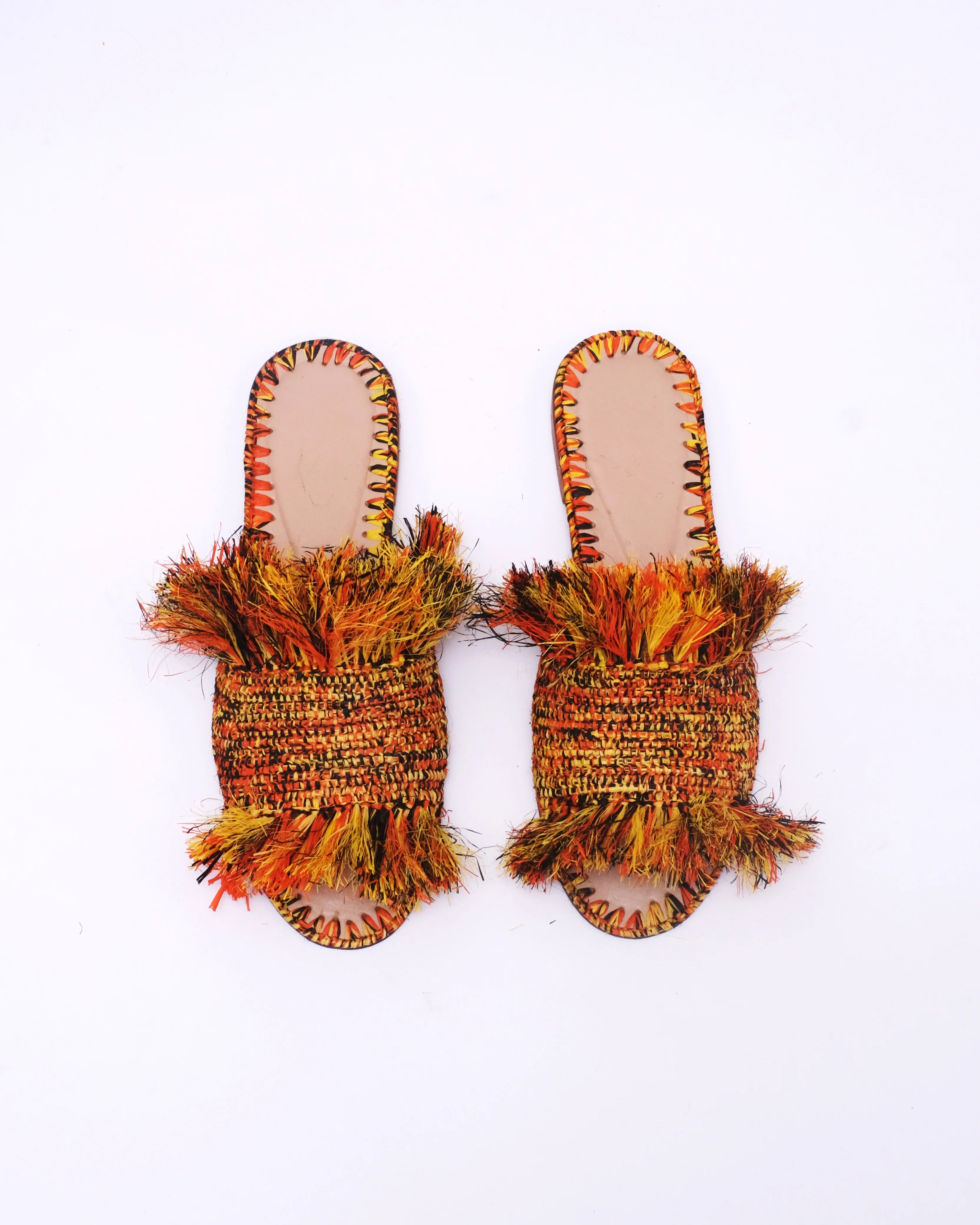 Women's Raffia Fringed Flat Slide Sandals – Multicolor