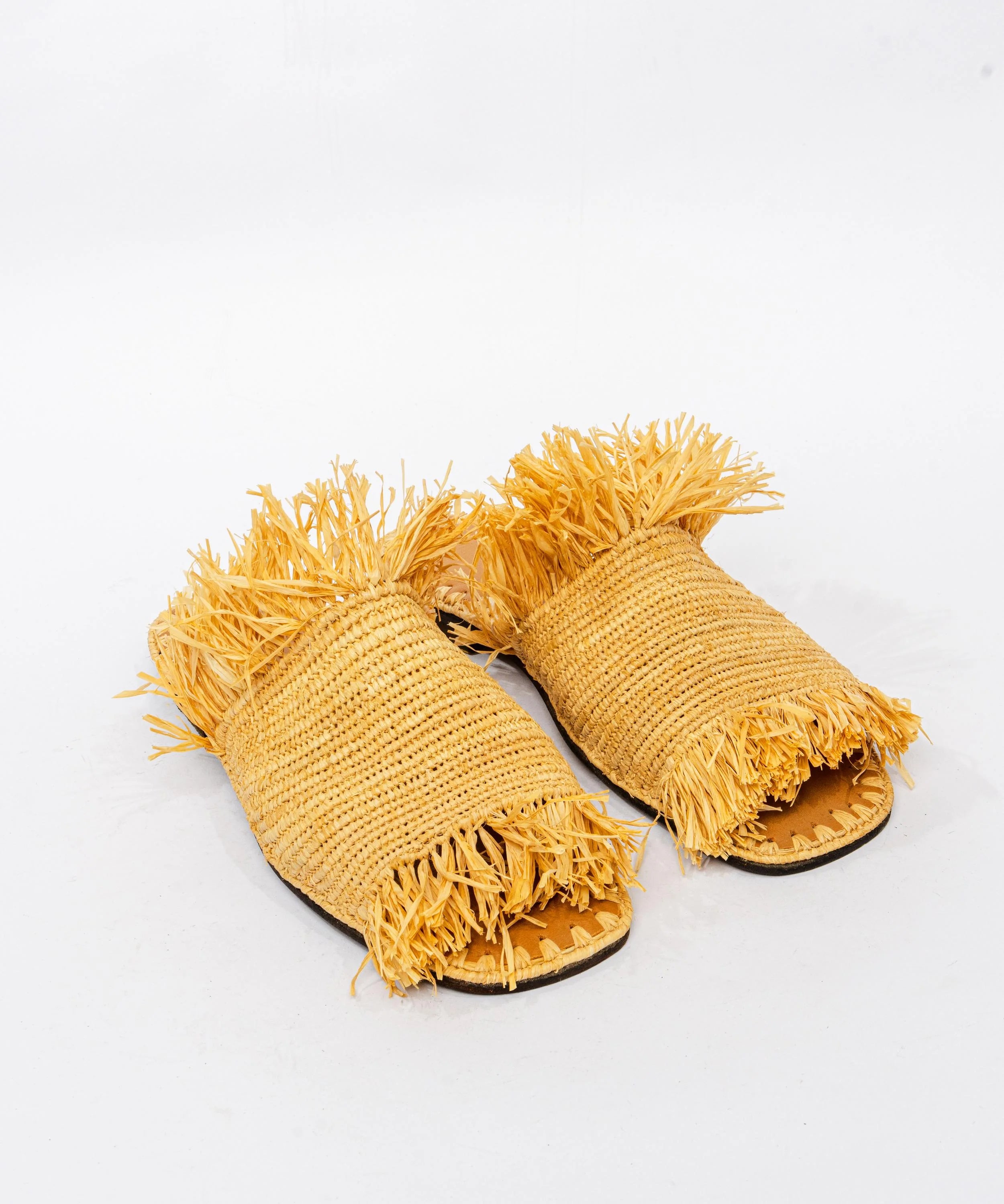 Women's Raffia Fringed Flat Slide Sandals – Yellow