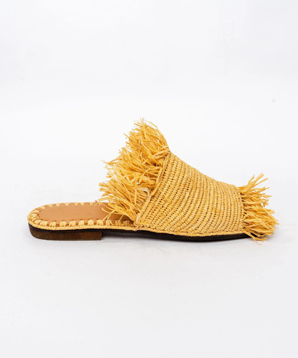 Women's Raffia Fringed Flat Slide Sandals – Yellow