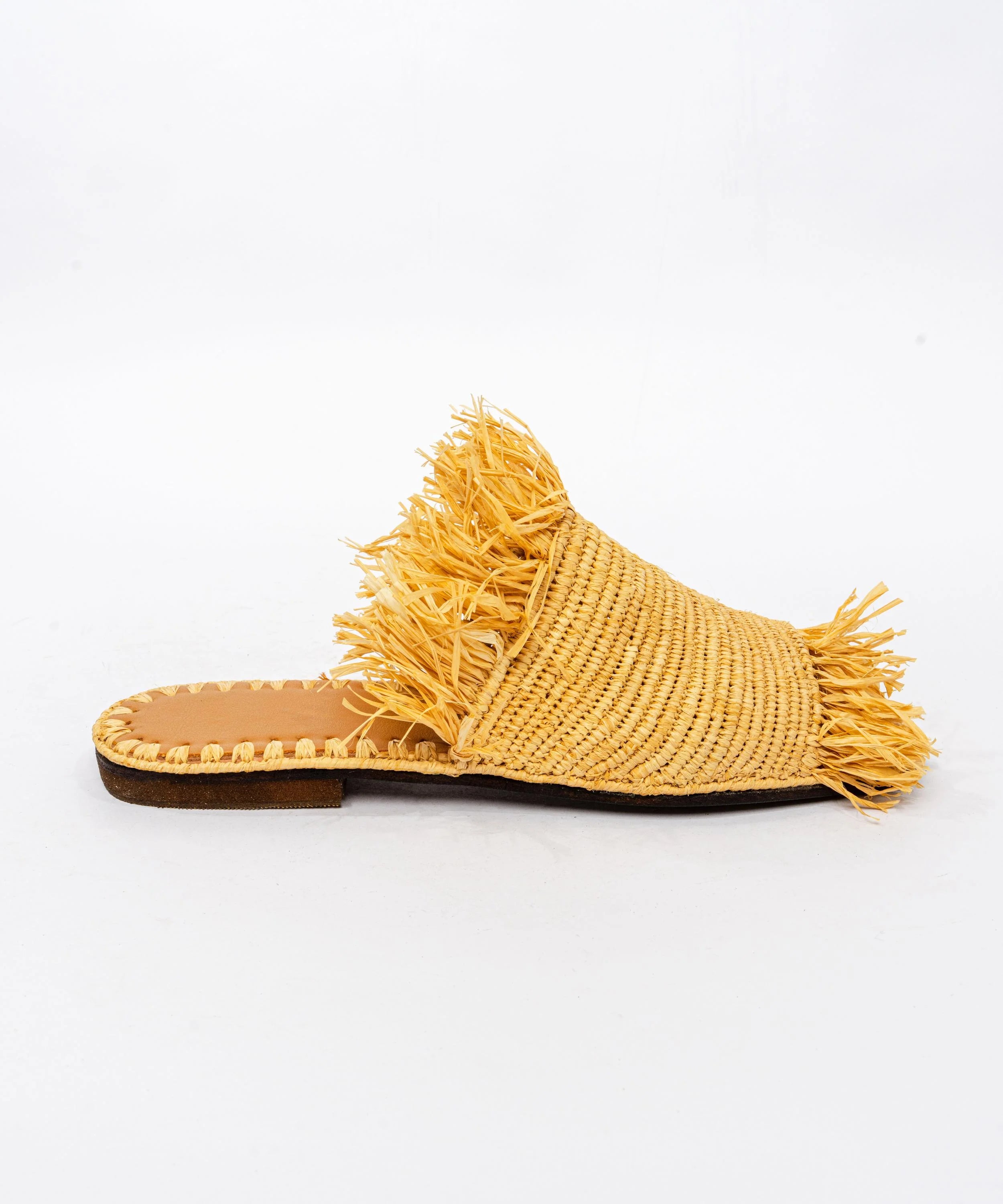 Women's Raffia Fringed Flat Slide Sandals – Yellow