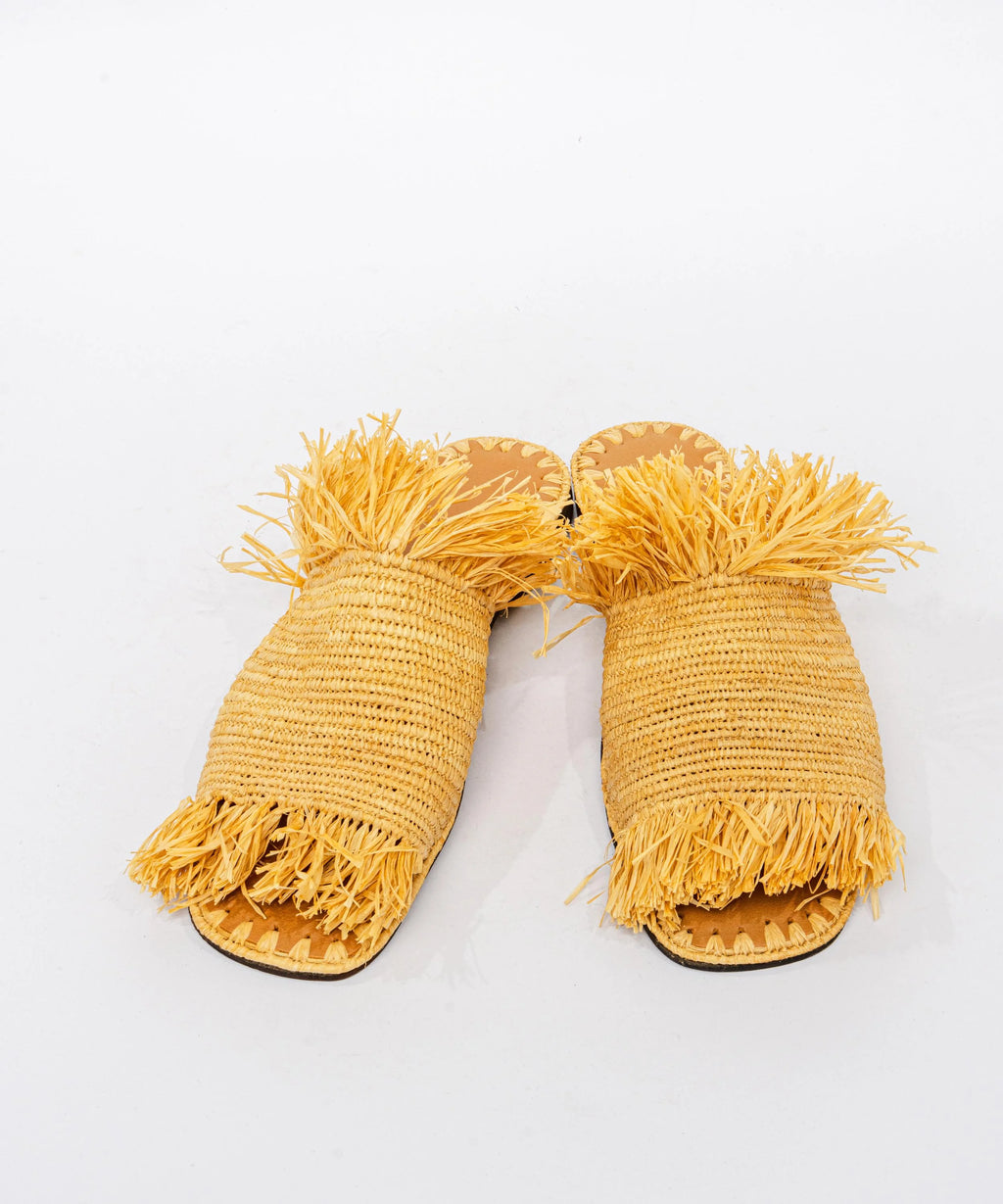 Women's Raffia Fringed Flat Slide Sandals – Yellow