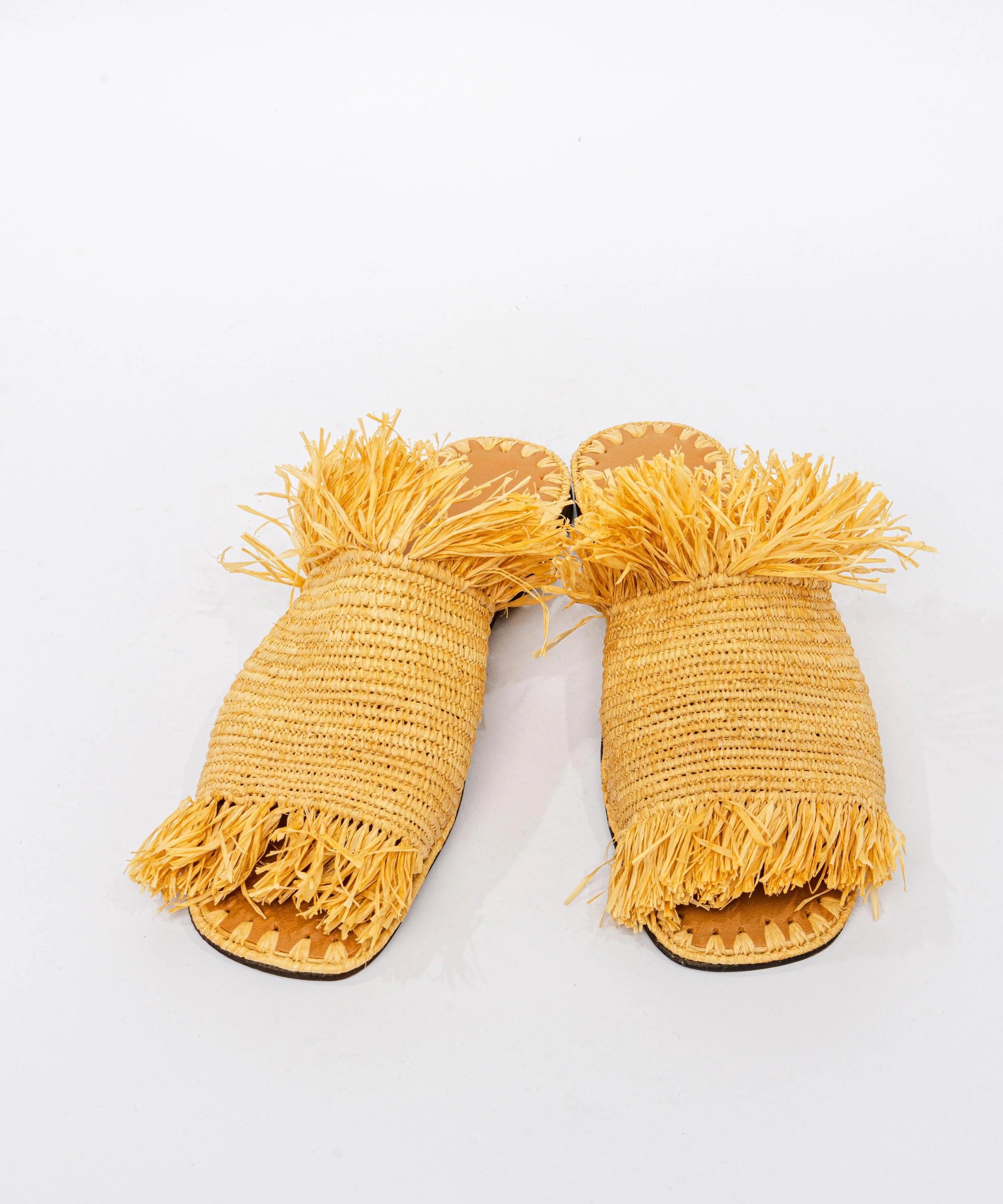 Women's Raffia Fringed Flat Slide Sandals – Yellow