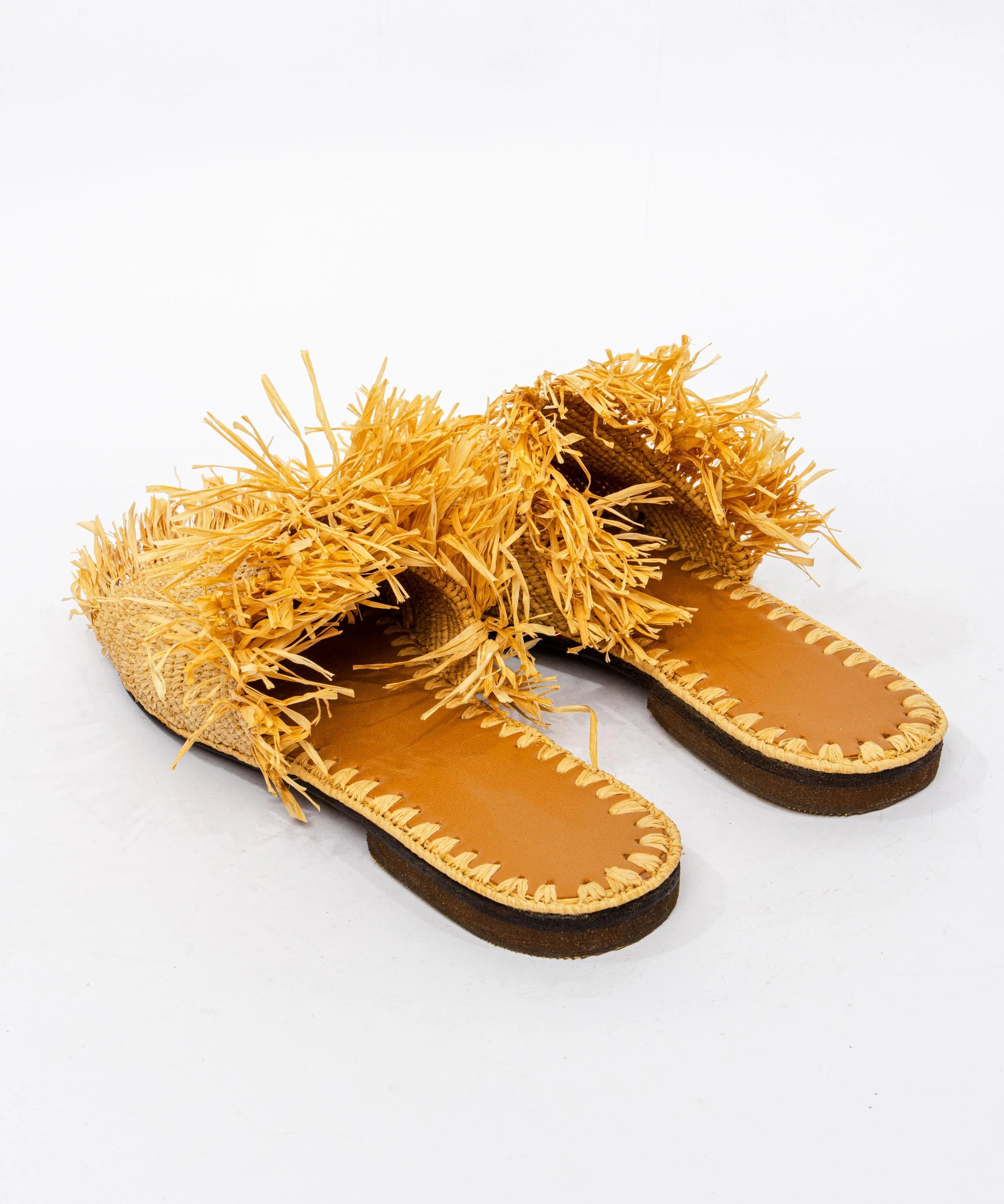 Women's Raffia Fringed Flat Slide Sandals – Yellow