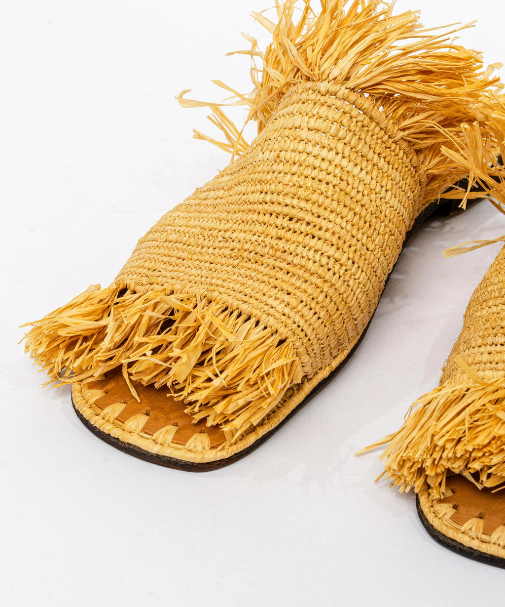 Women's Raffia Fringed Flat Slide Sandals – Yellow