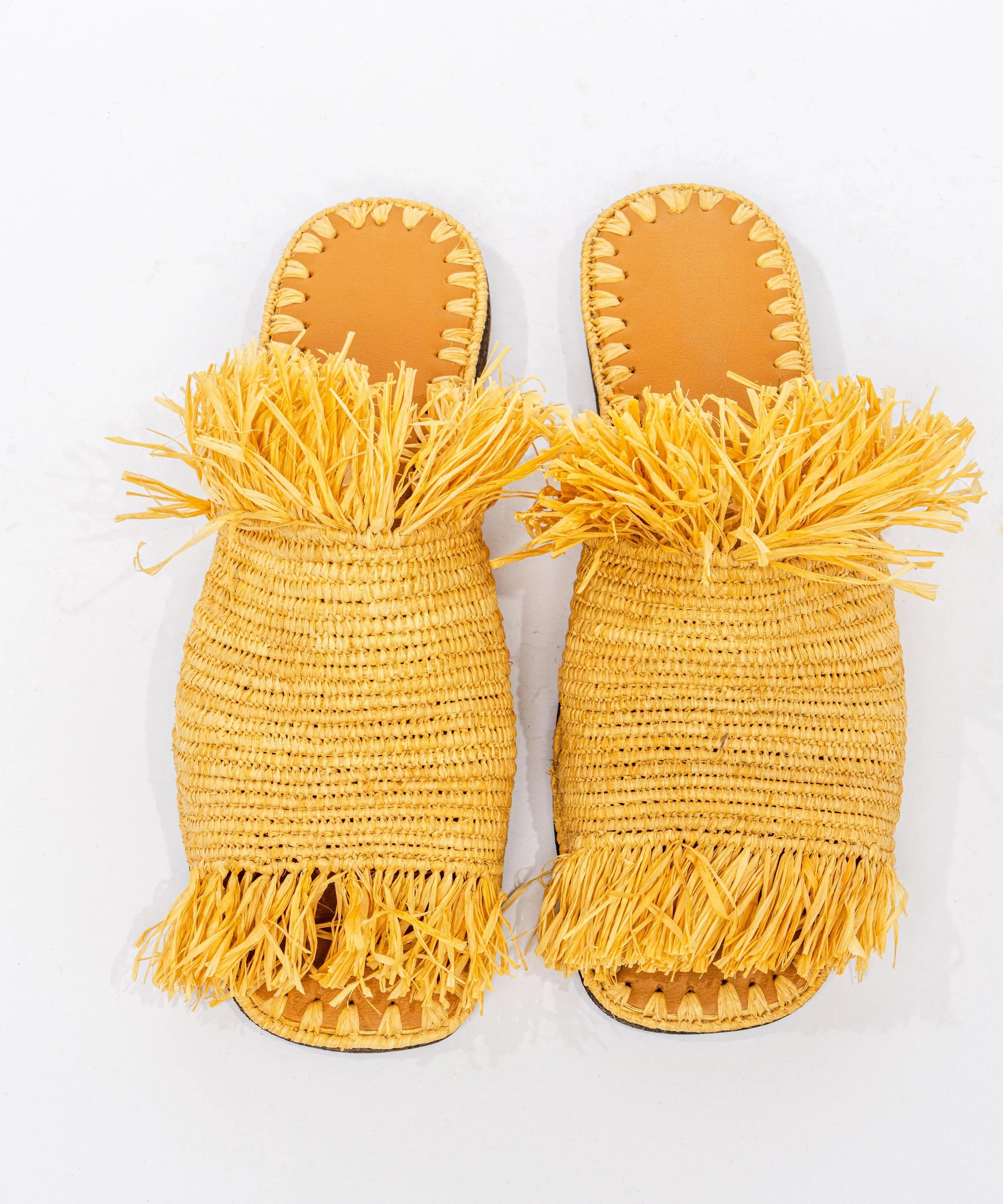 Women's Raffia Fringed Flat Slide Sandals – Yellow