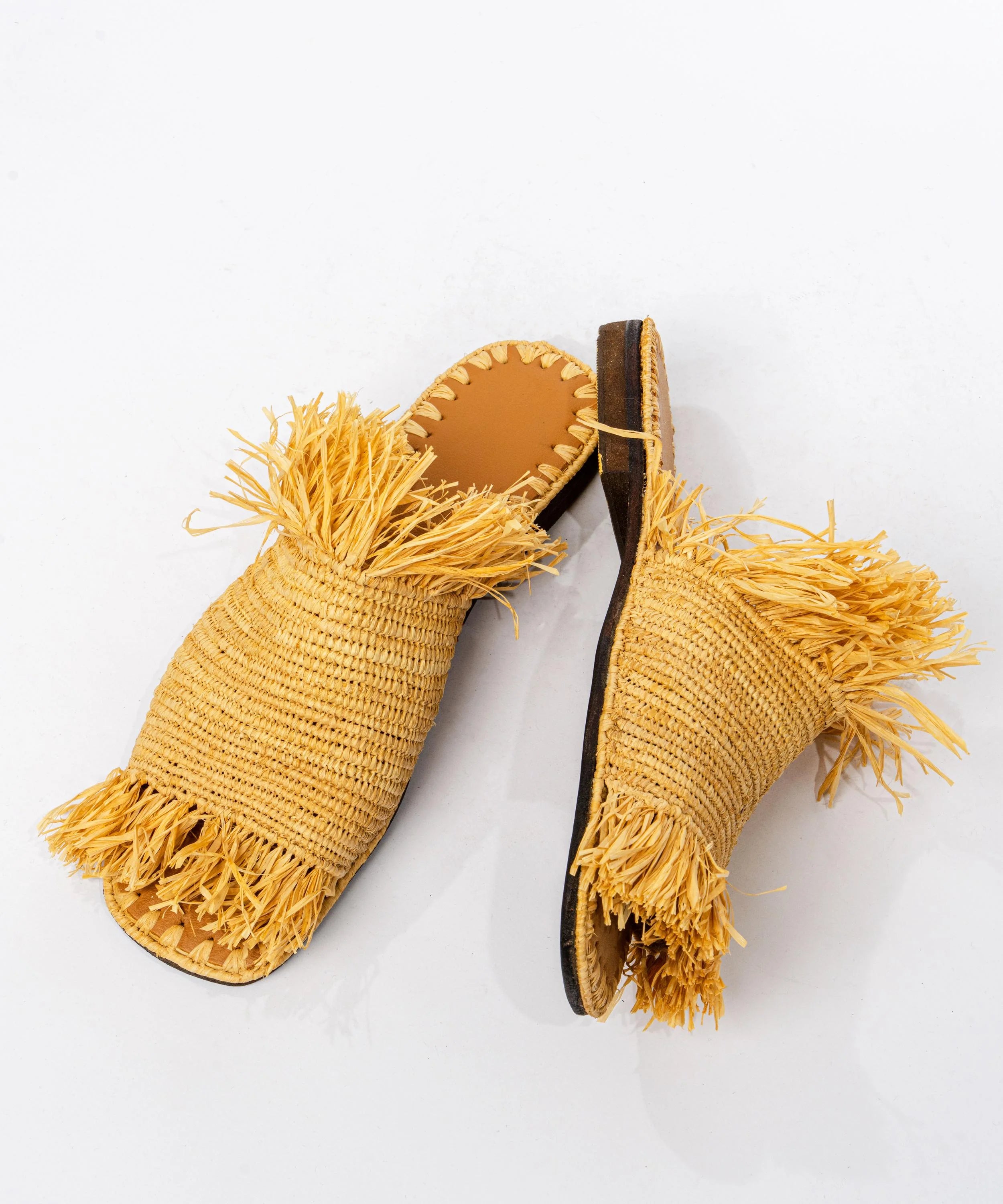 Women's Raffia Fringed Flat Slide Sandals – Yellow