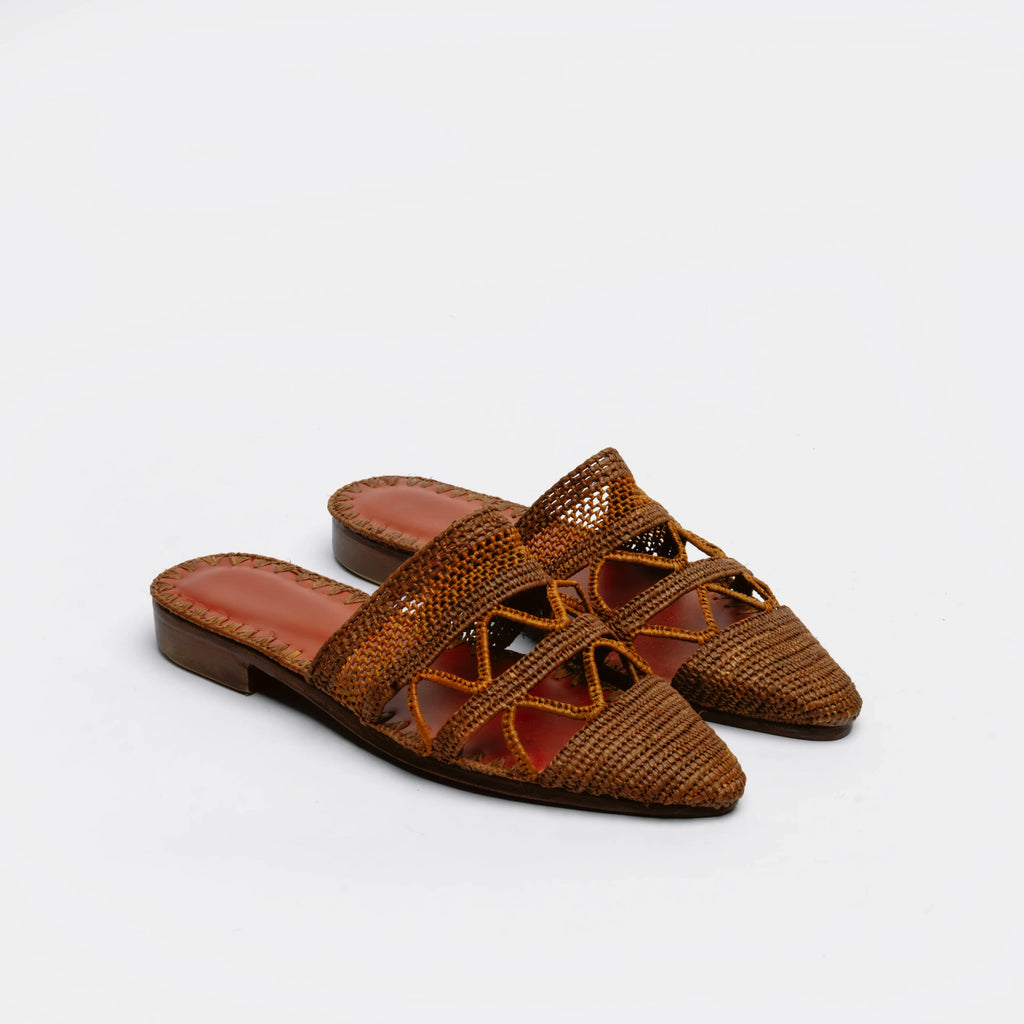 A pair of women's woven raffia mule sandals with pointed toes, criss-cross woven straps, and low brown block heels, shown on a plain white background.