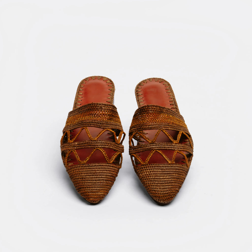 A pair of brown woven raffia mule sandals with geometric cutout patterns and pointed toes, shown on a light gray background.