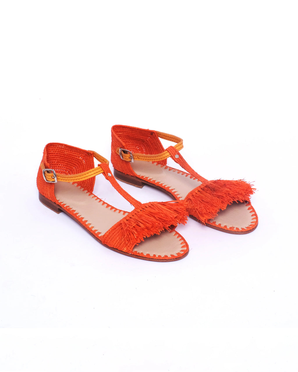 Women's Raffia T-Strap Fringed Ankle Sandals In Orange