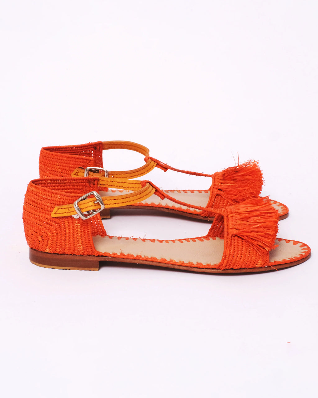 Women's Raffia T-Strap Fringed Ankle Sandals In Orange