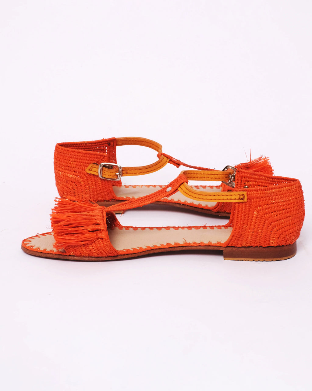 Women's Raffia T-Strap Fringed Ankle Sandals In Orange