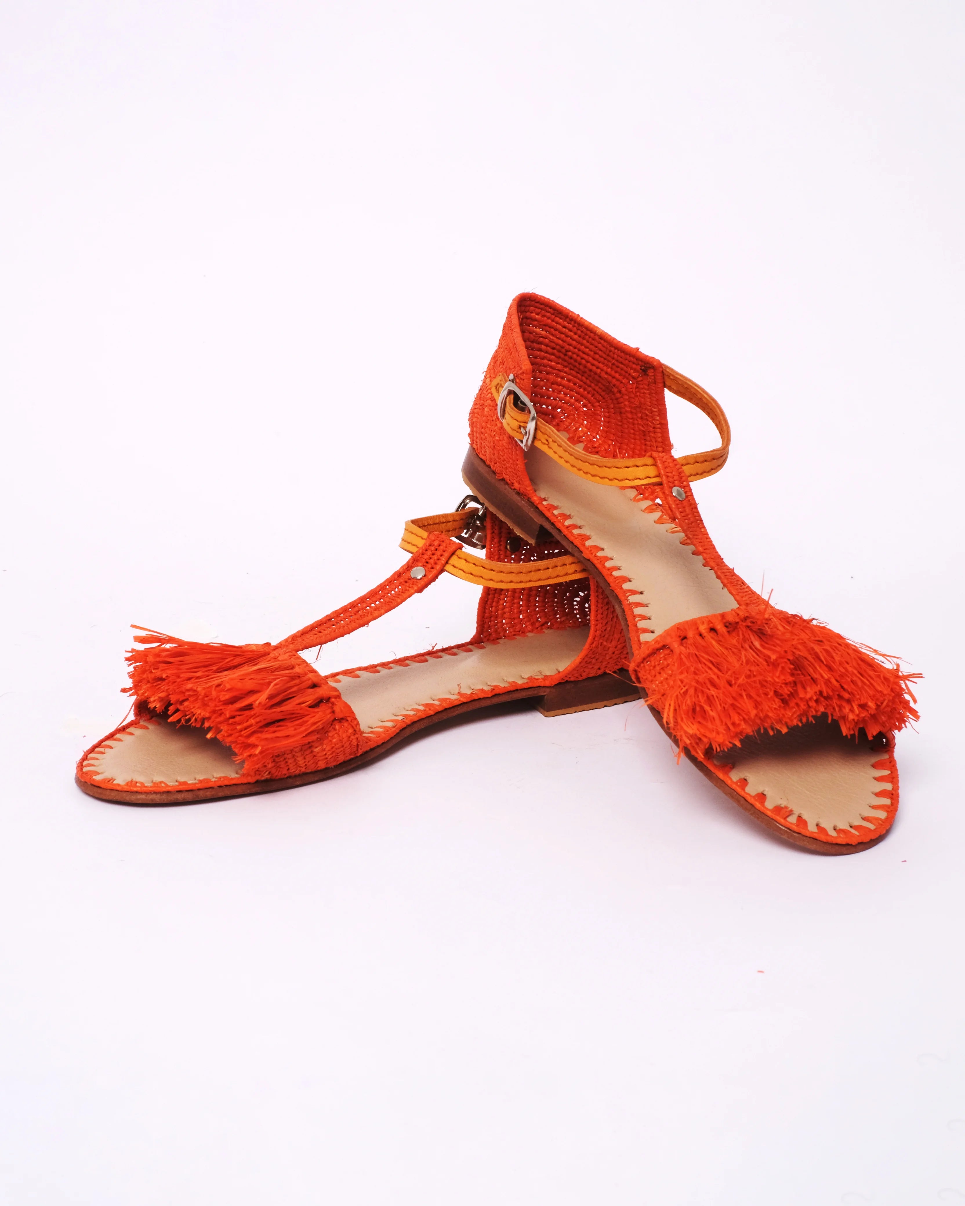 Women's Raffia T-Strap Fringed Ankle Sandals In Orange
