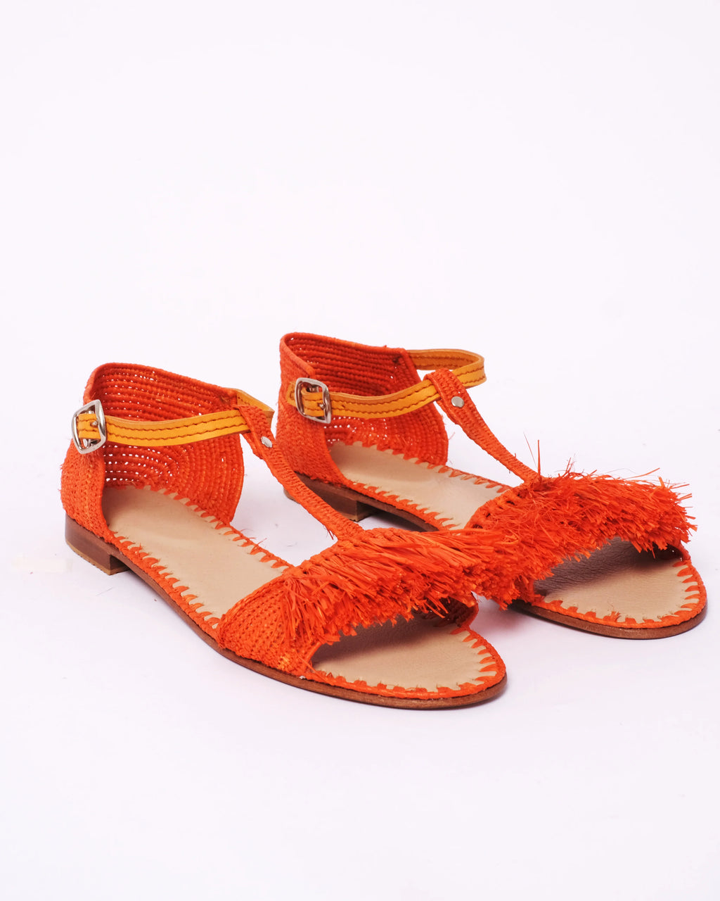 Women's Raffia T-Strap Fringed Ankle Sandals In Orange