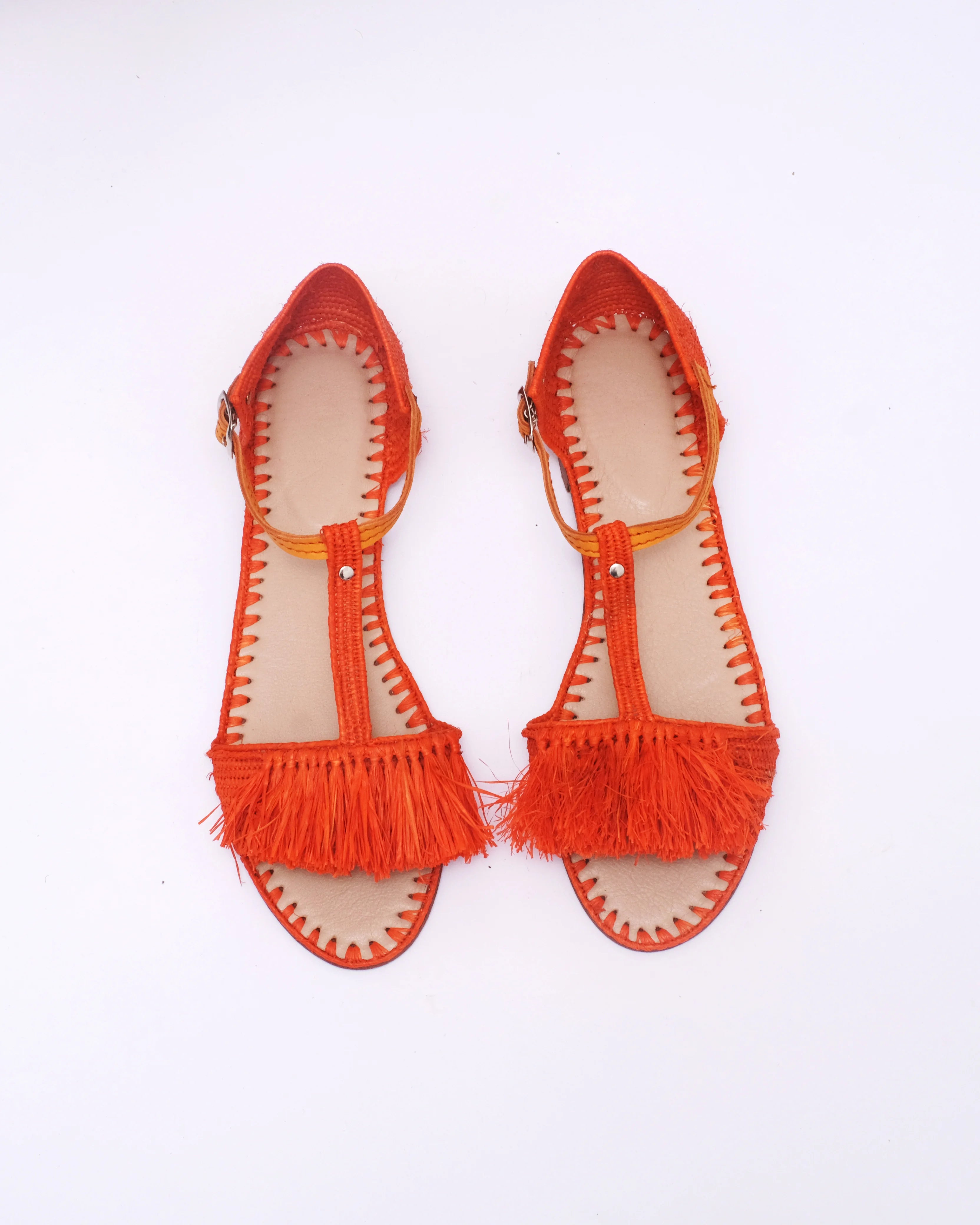 Women's Raffia T-Strap Fringed Ankle Sandals In Orange