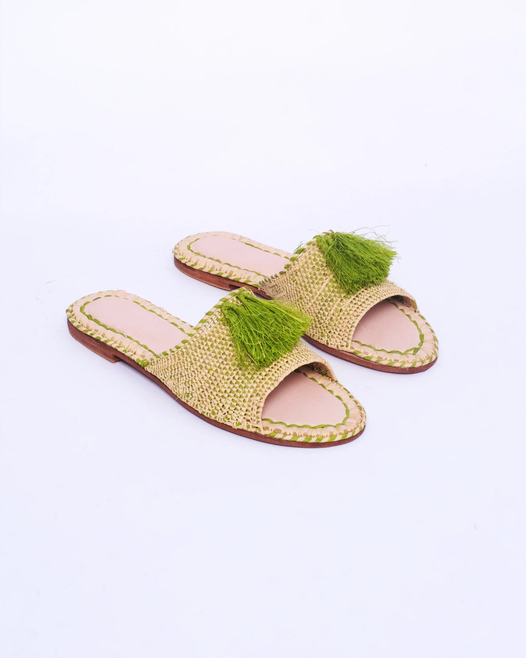 Women's Raffia Tassel Flat Slide Sandals In Natural & Green