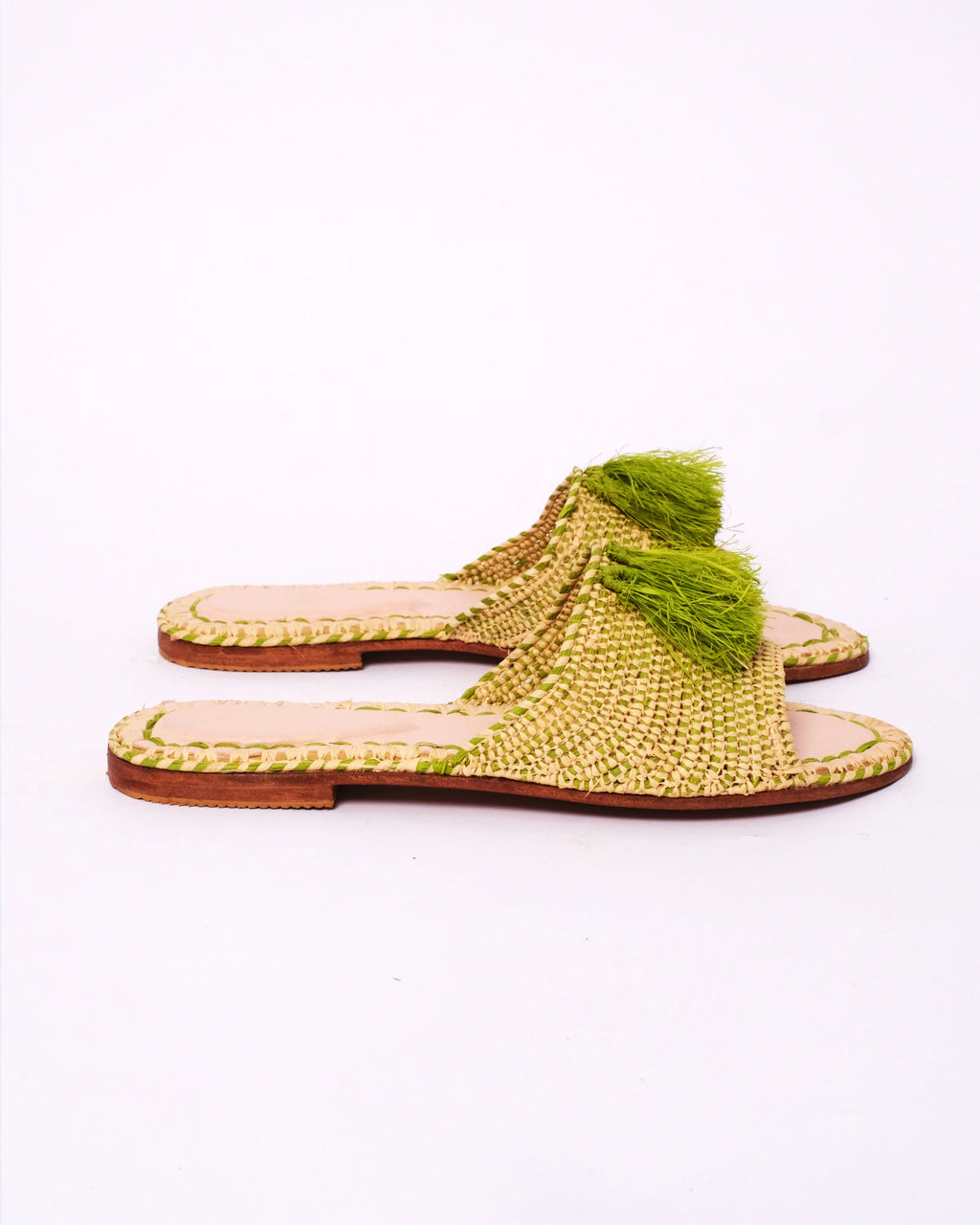 Women's Raffia Tassel Flat Slide Sandals In Natural & Green