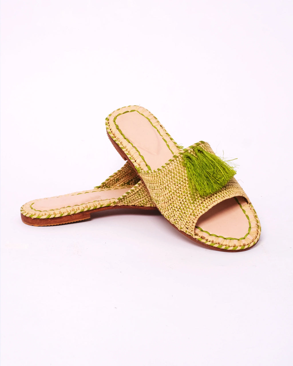 Women's Raffia Tassel Flat Slide Sandals In Natural & Green