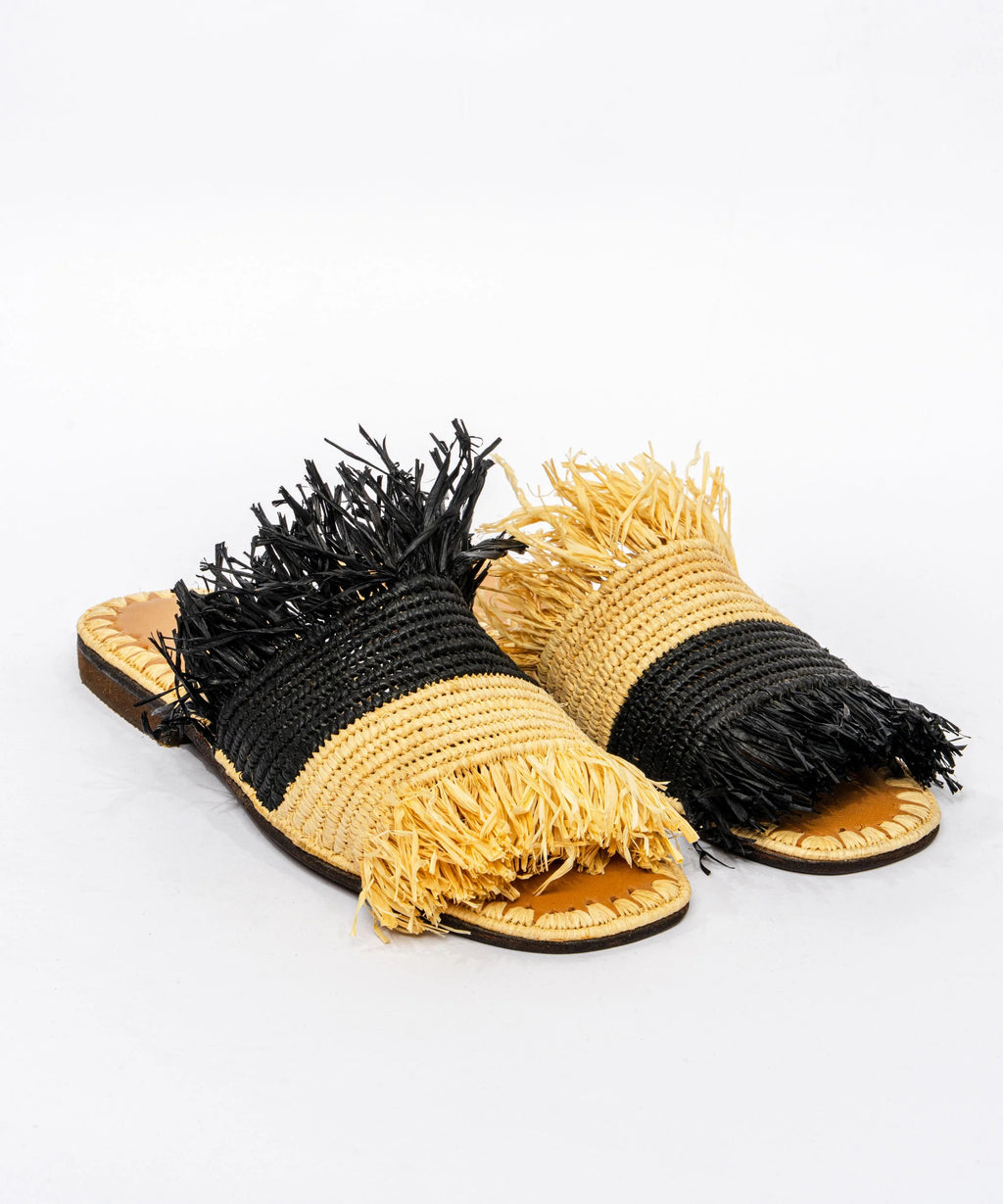 Women's Raffia Two-Tone Fringed Flat Slide Sandals – Natural & Black