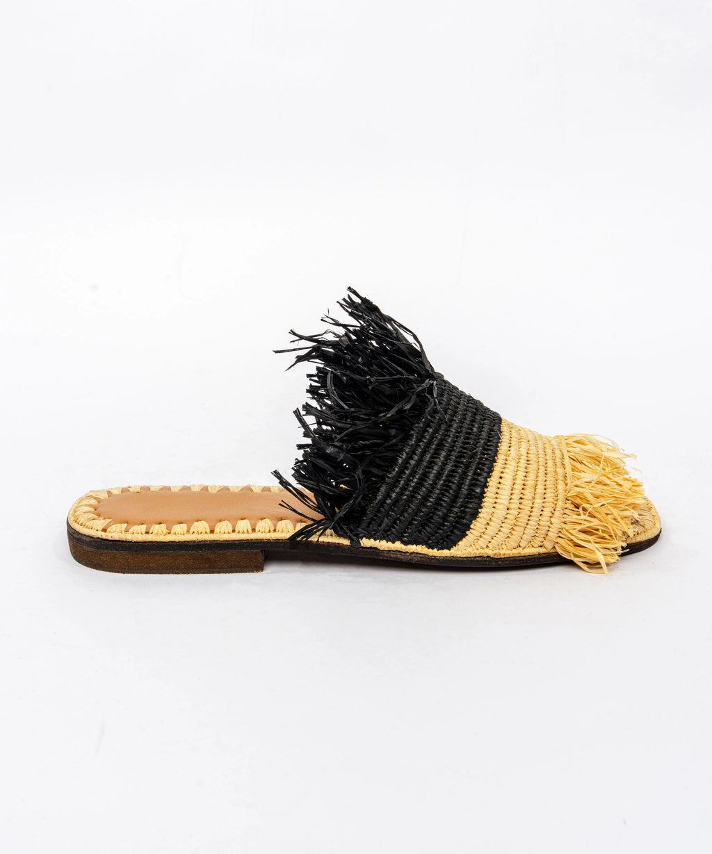 Women's Raffia Two-Tone Fringed Flat Slide Sandals – Natural & Black