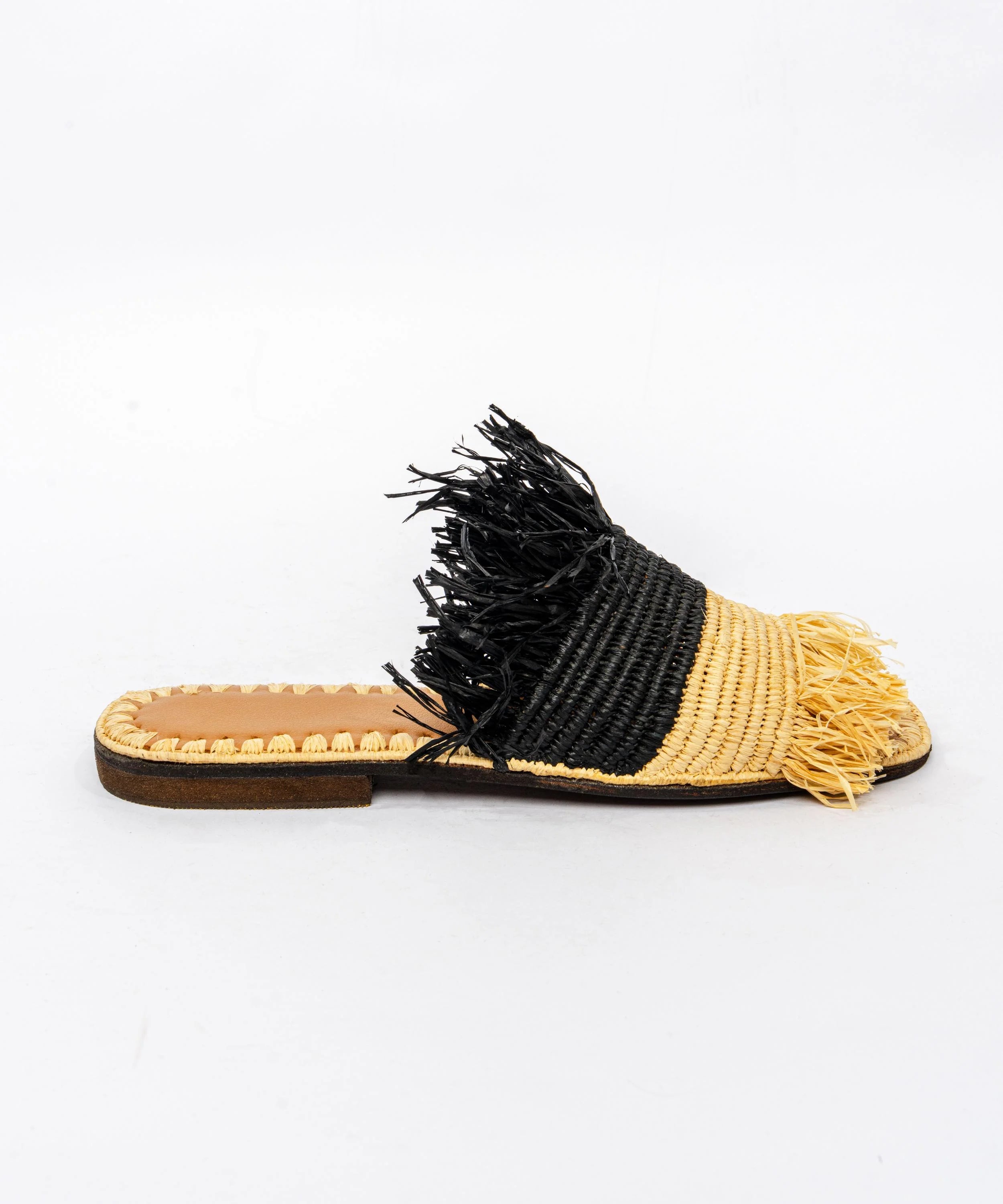 Women's Raffia Two-Tone Fringed Flat Slide Sandals – Natural & Black