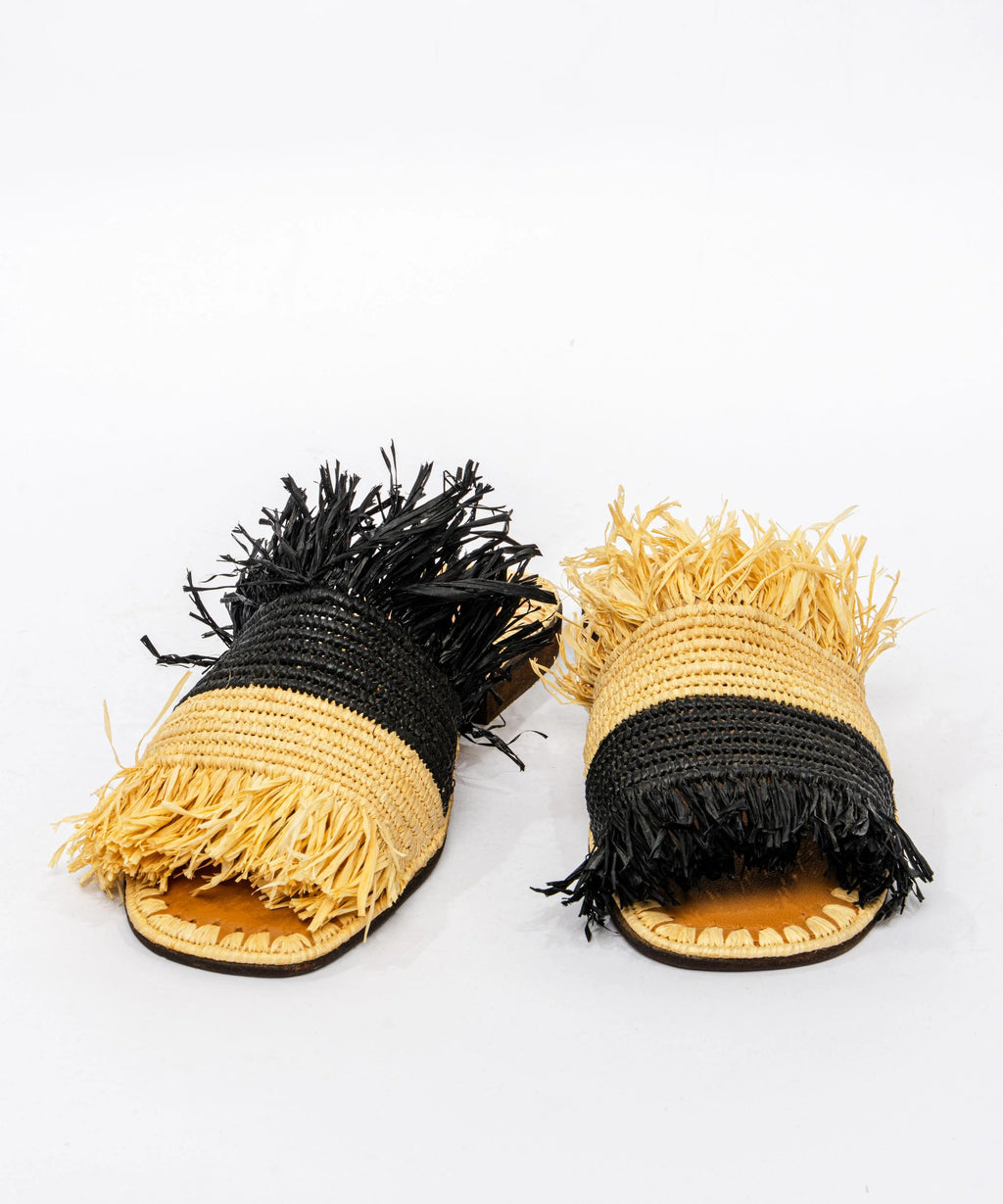 Women's Raffia Two-Tone Fringed Flat Slide Sandals – Natural & Black