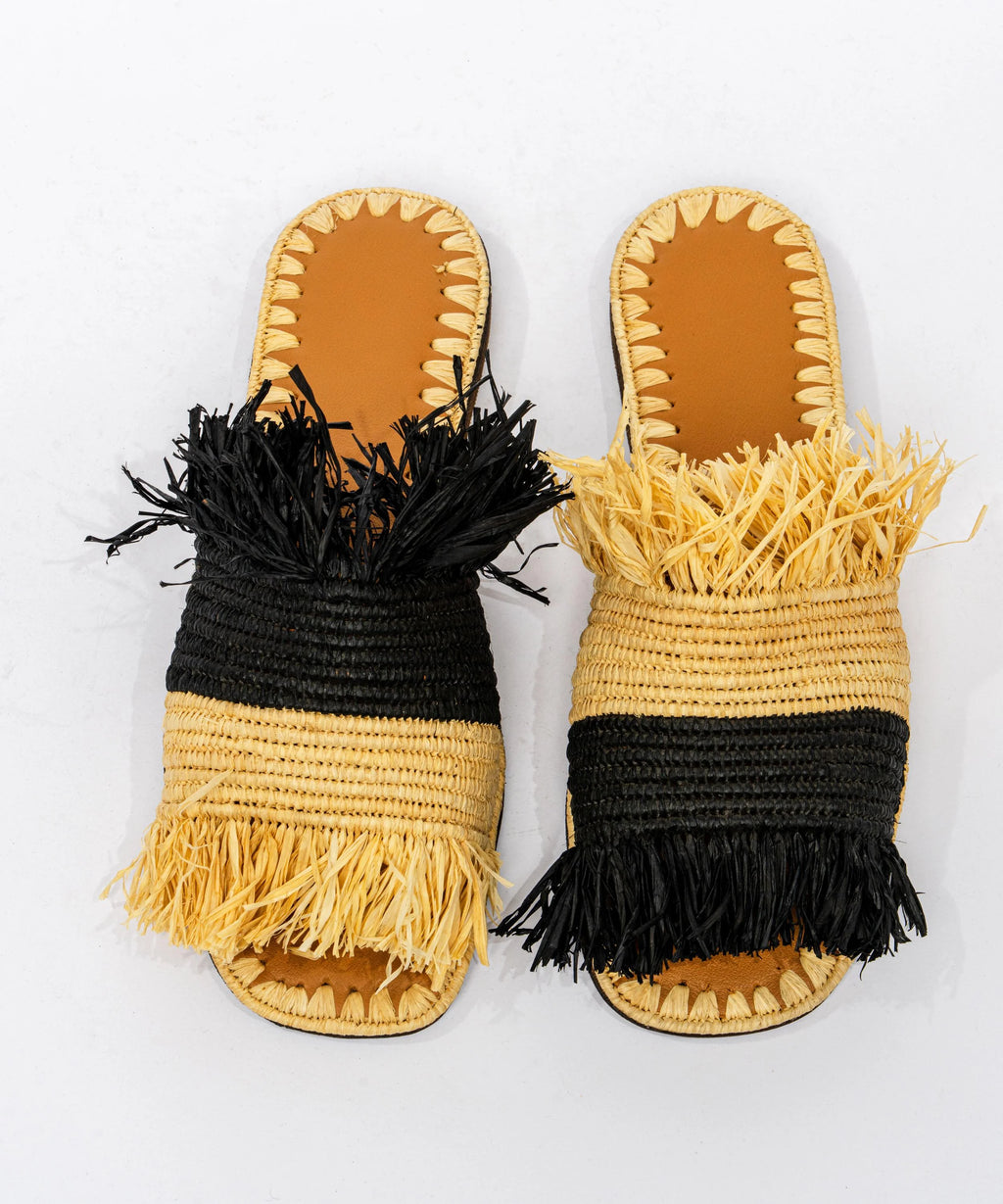 Women's Raffia Two-Tone Fringed Flat Slide Sandals – Natural & Black