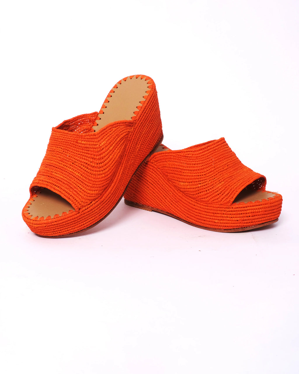 Women's Raffia Wedge Mule Sandals In Orange