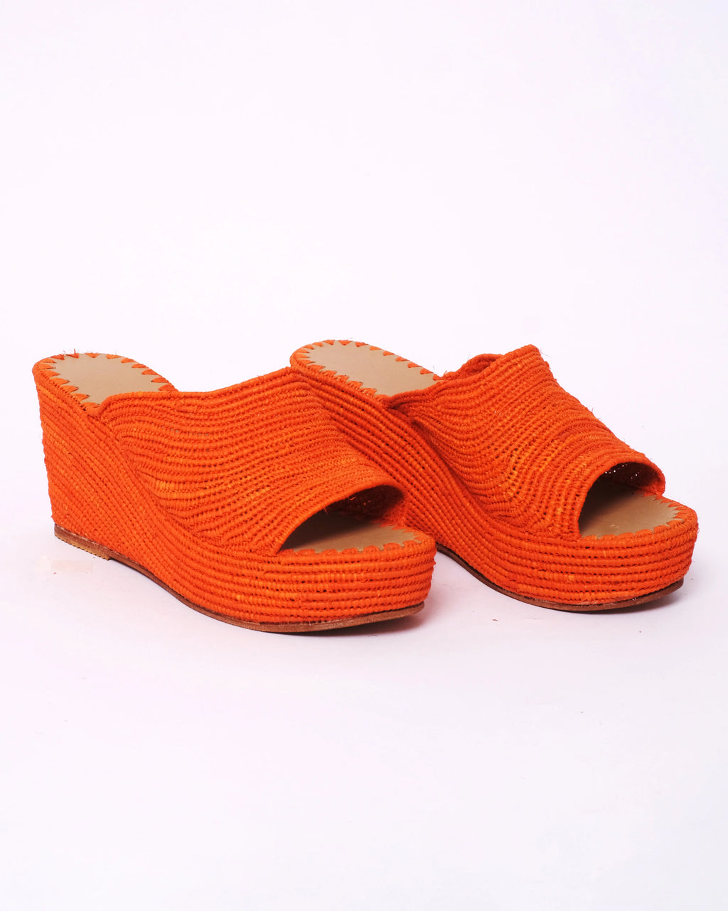 Women's Raffia Wedge Mule Sandals In Orange