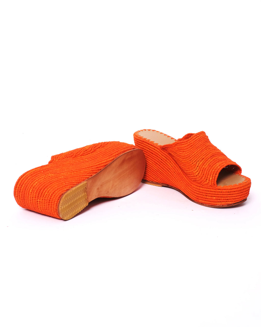 Women's Raffia Wedge Mule Sandals In Orange