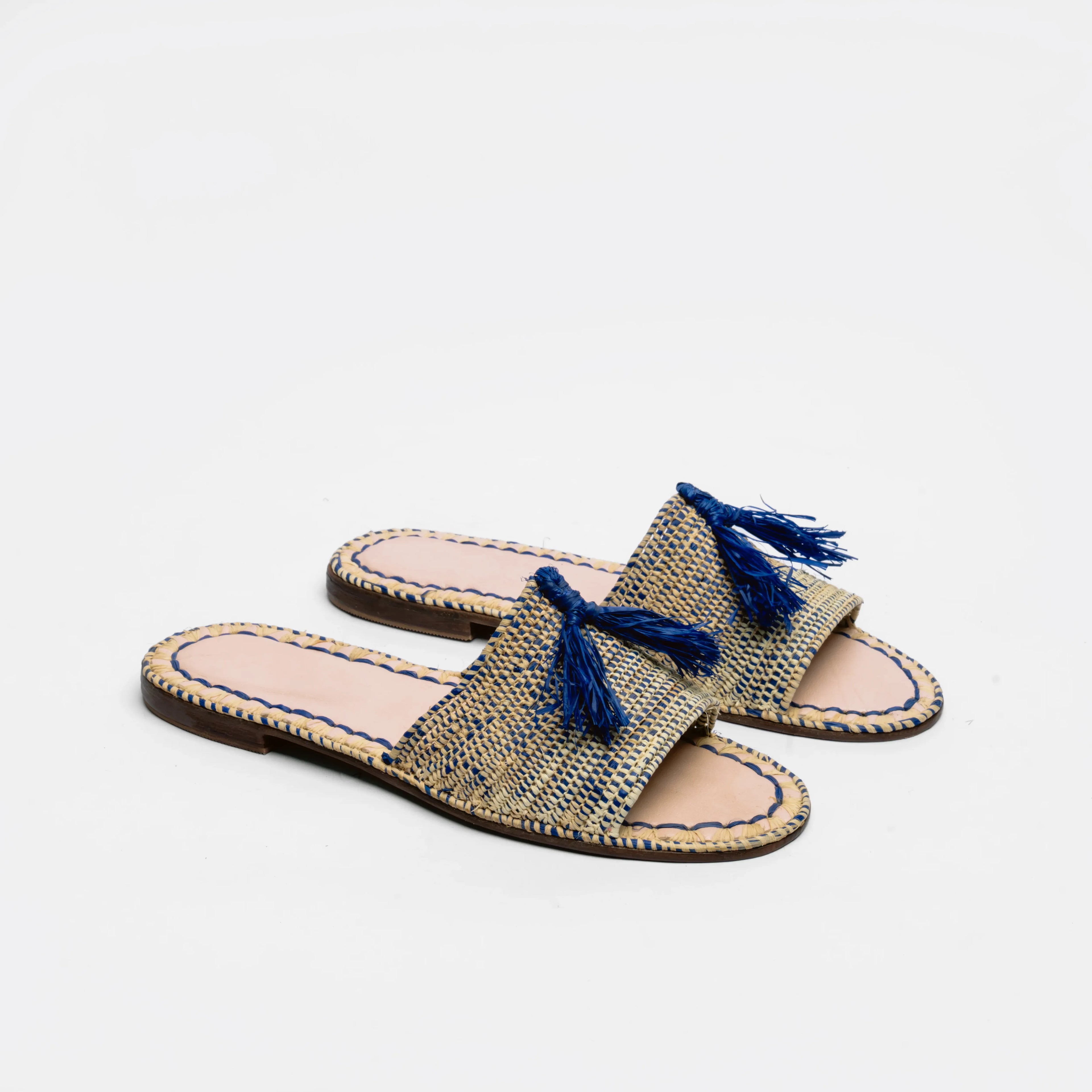 Women's Raffia Tassel Slide Sandals In Natural & Blue